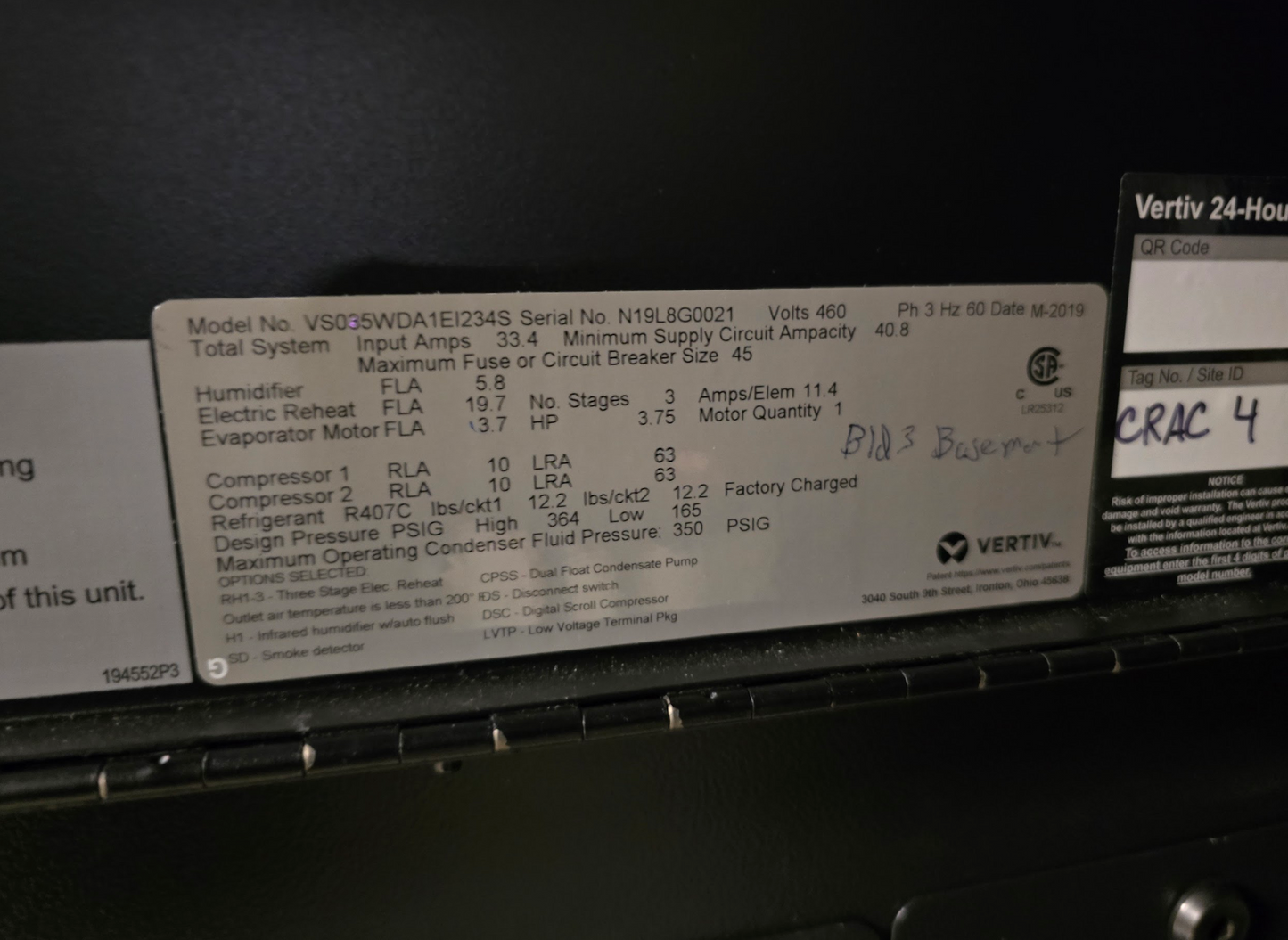 Liebert Vertiv 10 Ton VS035W Upflow AC 460v 3PH CRAC UNIT