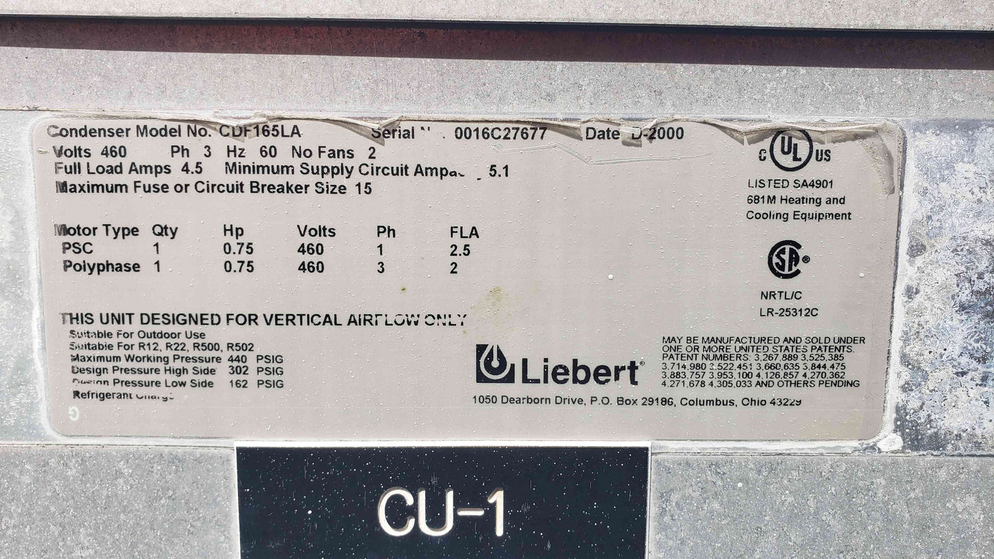 Liebert 2 Fan 460V 3PH Condenser CDF165LA (SKU: 108162)