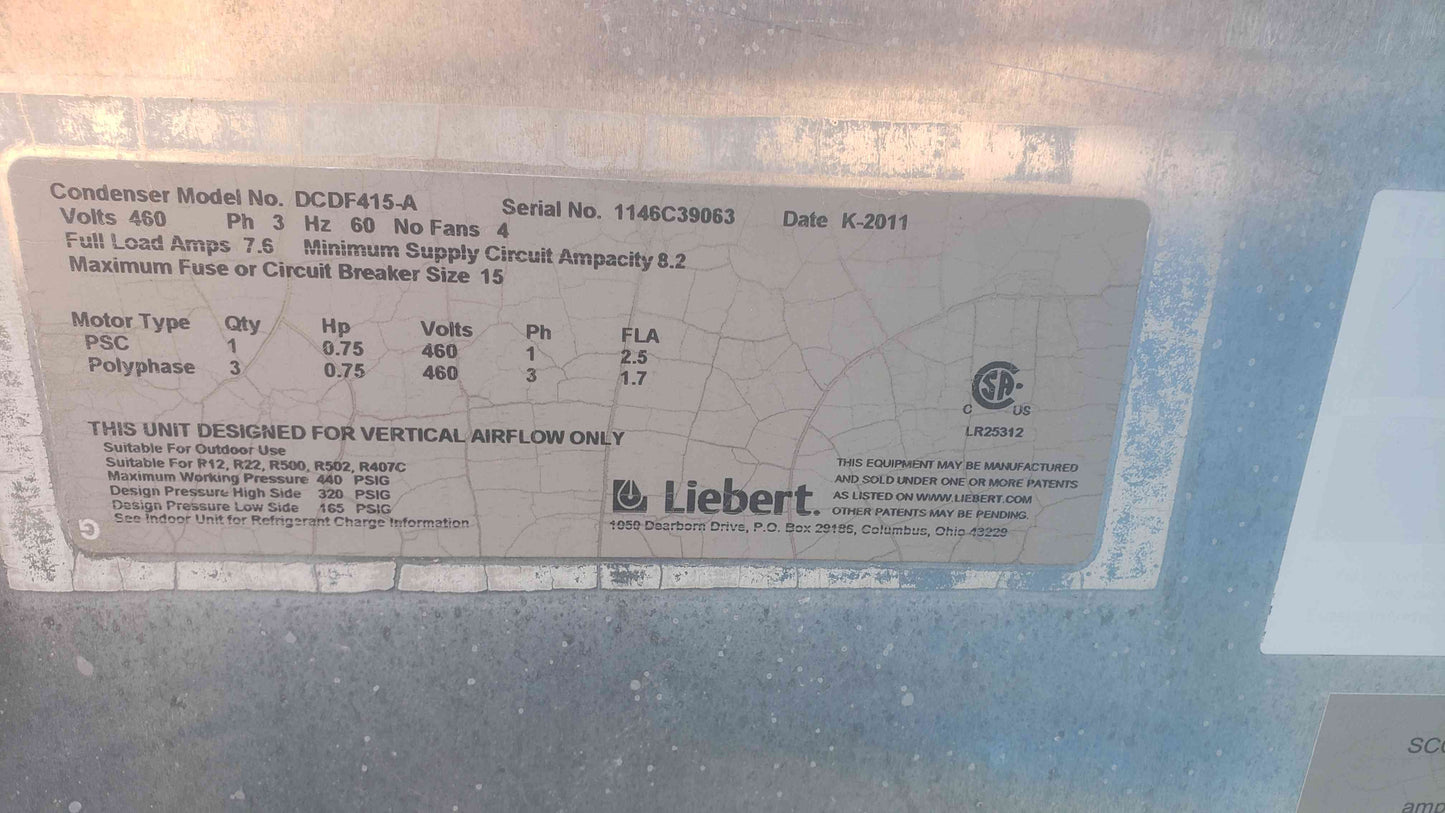 Liebert 4 Fan 460V 3PH Condenser DCDF415-A '11 (SKU: 109554)