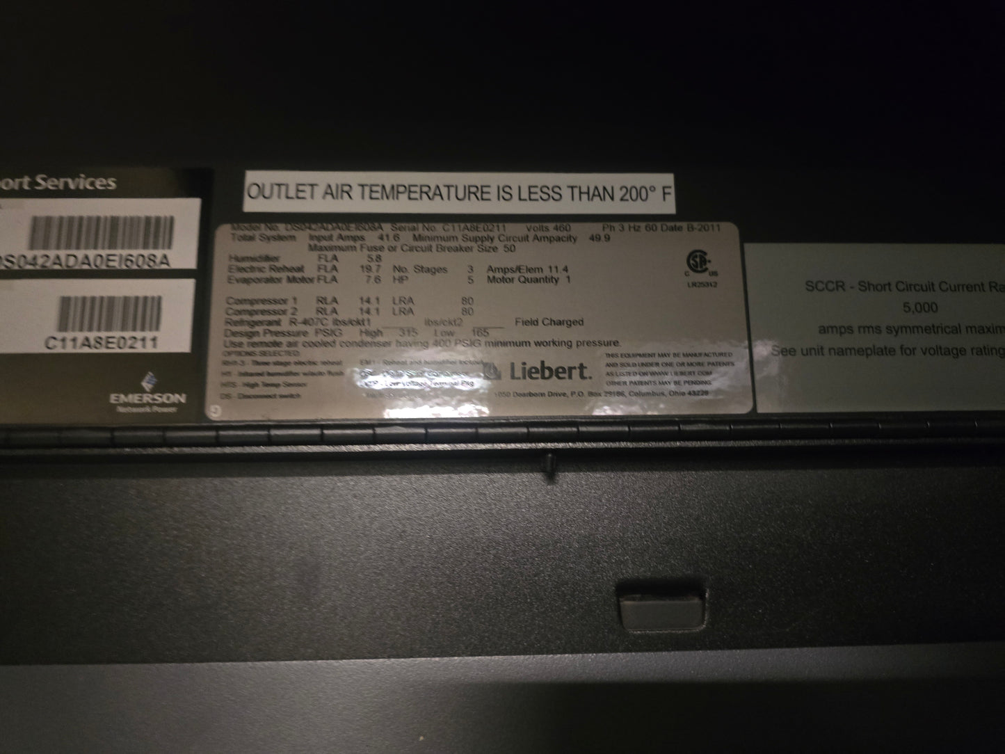 Liebert DS042ADA0EI608A 12 Ton CRAC Precision Cooling Unit 460V 3PH Data Center