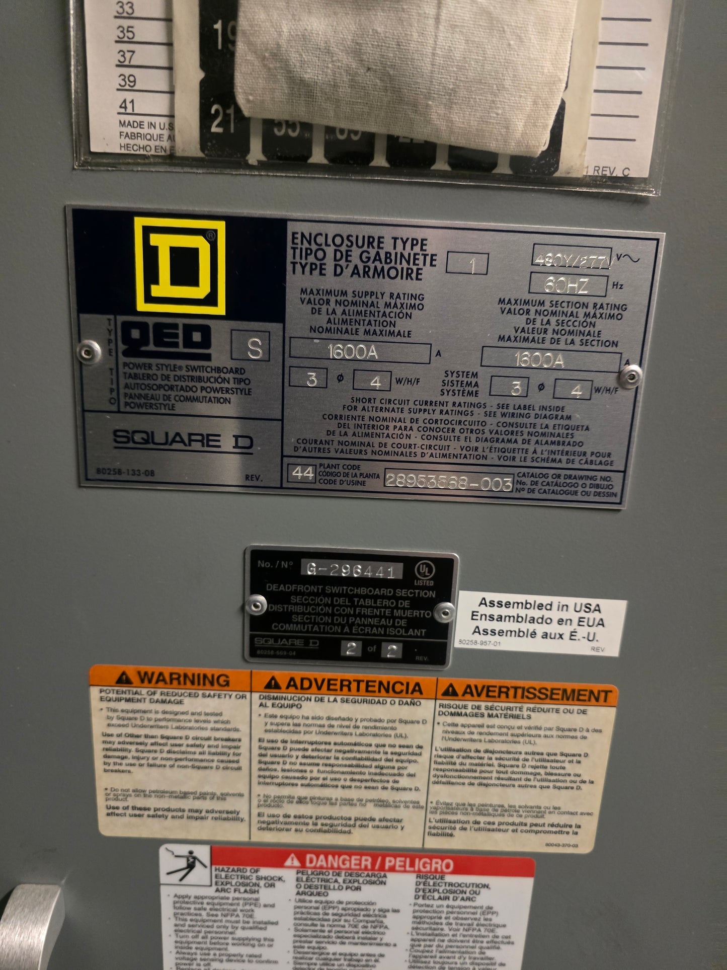 Square D QED Power-Style Switchboard 1600A 480Y/277V 3PH 4W Distribution Panel