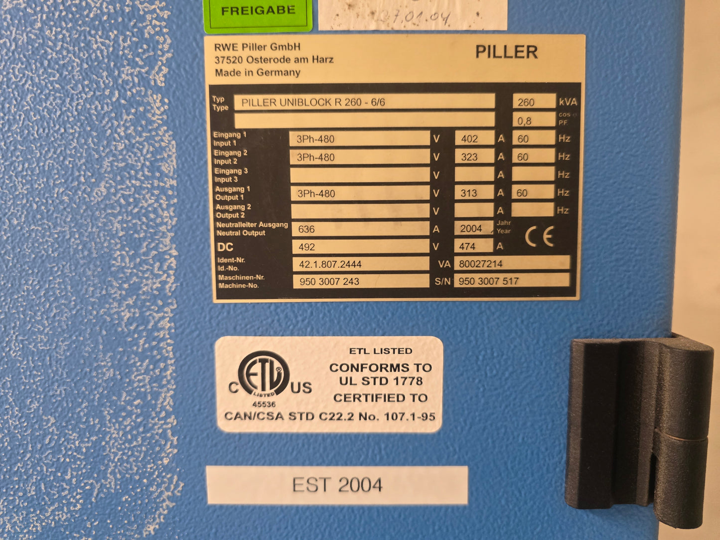 Piller UNIBLOCK R 260 kVA 480V 3PH Industrial UPS Power System Made in Germany