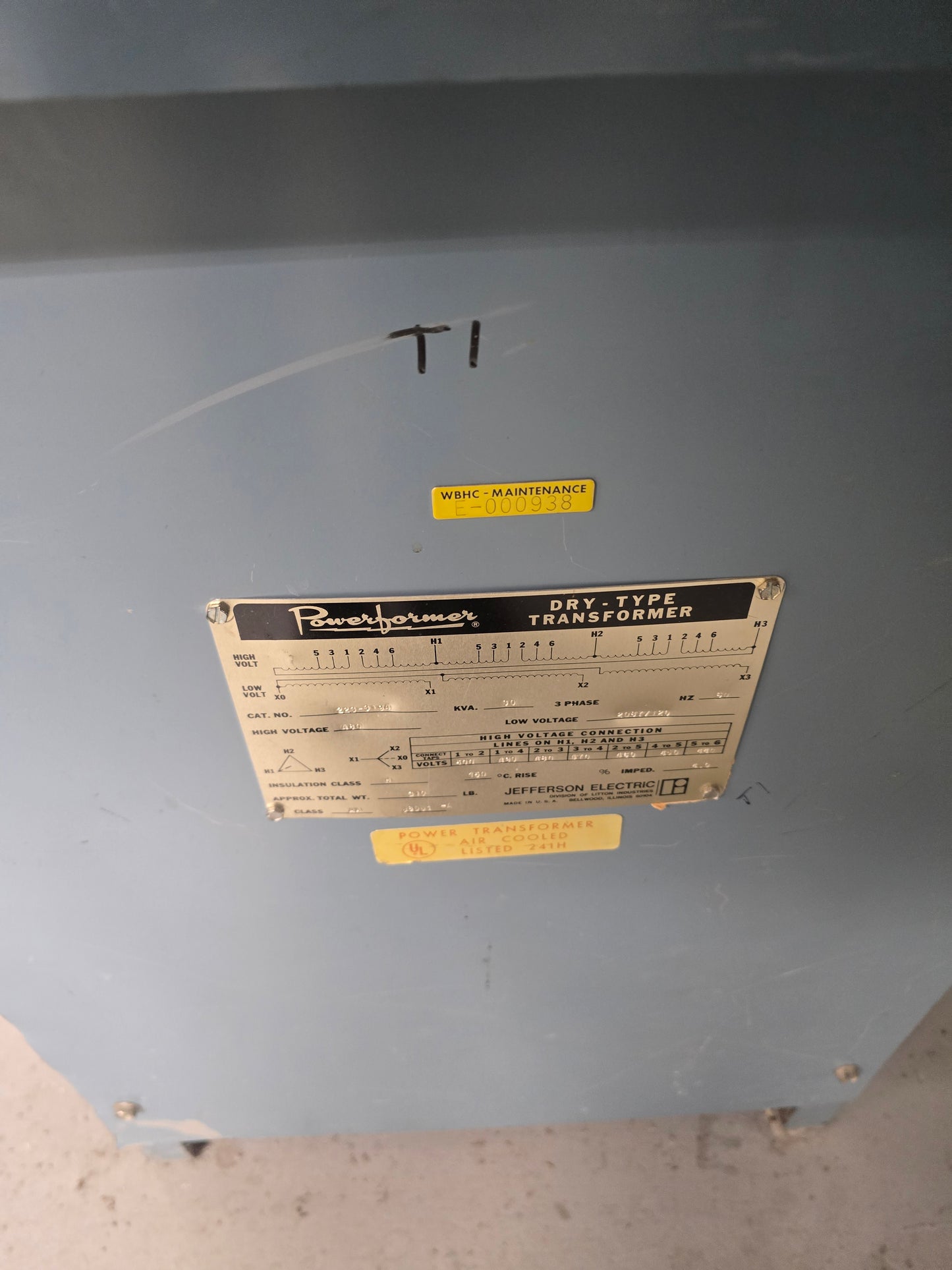 Jefferson Electric 75 kVA Dry-Type Transformer 480V to 208Y/120V 3PH Powerformer