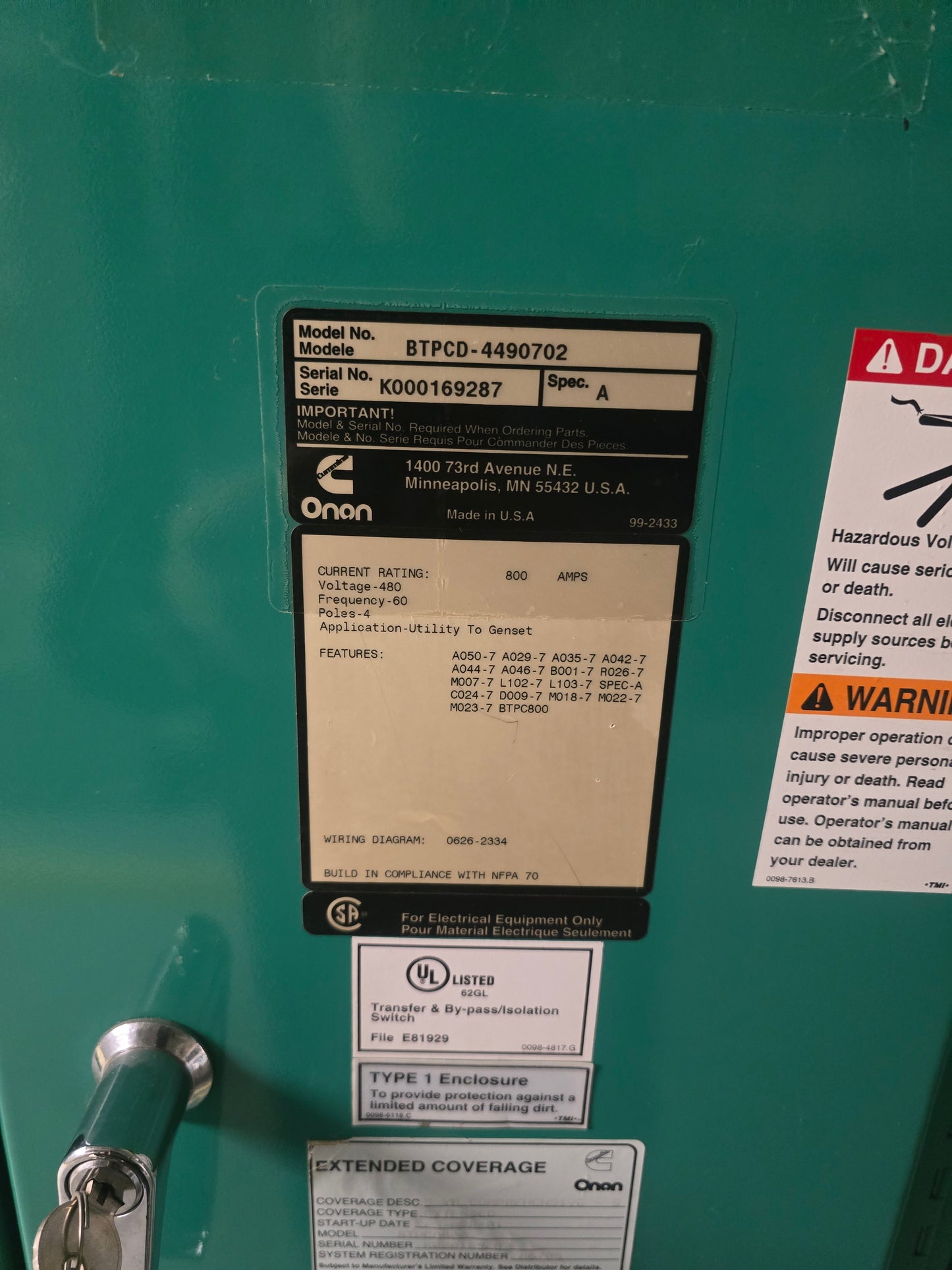 Cummins Onan BTPCD 800 Amp 480V 4 Pole Automatic Transfer Switch PowerCommand
