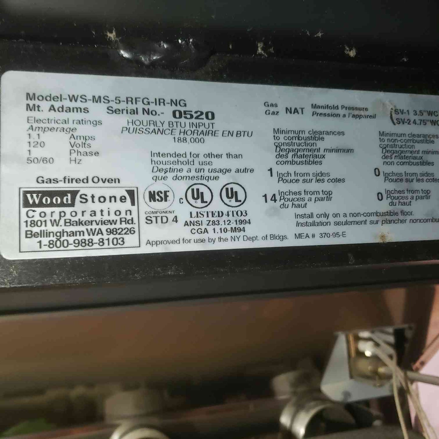 Wood Stone Nat Gas 120V 1.1A 1PH Industrial Gas Fire Pizza Oven WS-MS-5-RFG-IR-NG (SKU: 112374)