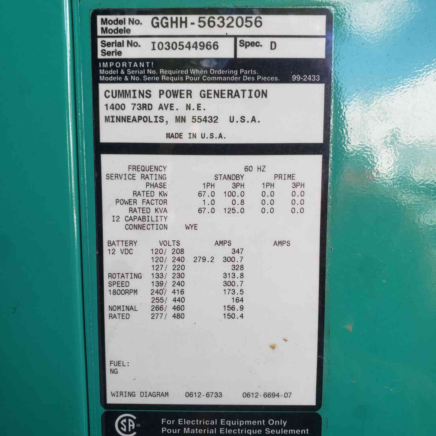 Cummins QuietSite 100kW Nat Gas LP Generator GGHH 1&3PH Standby 296Hrs. TESTED (SKU: 112978)