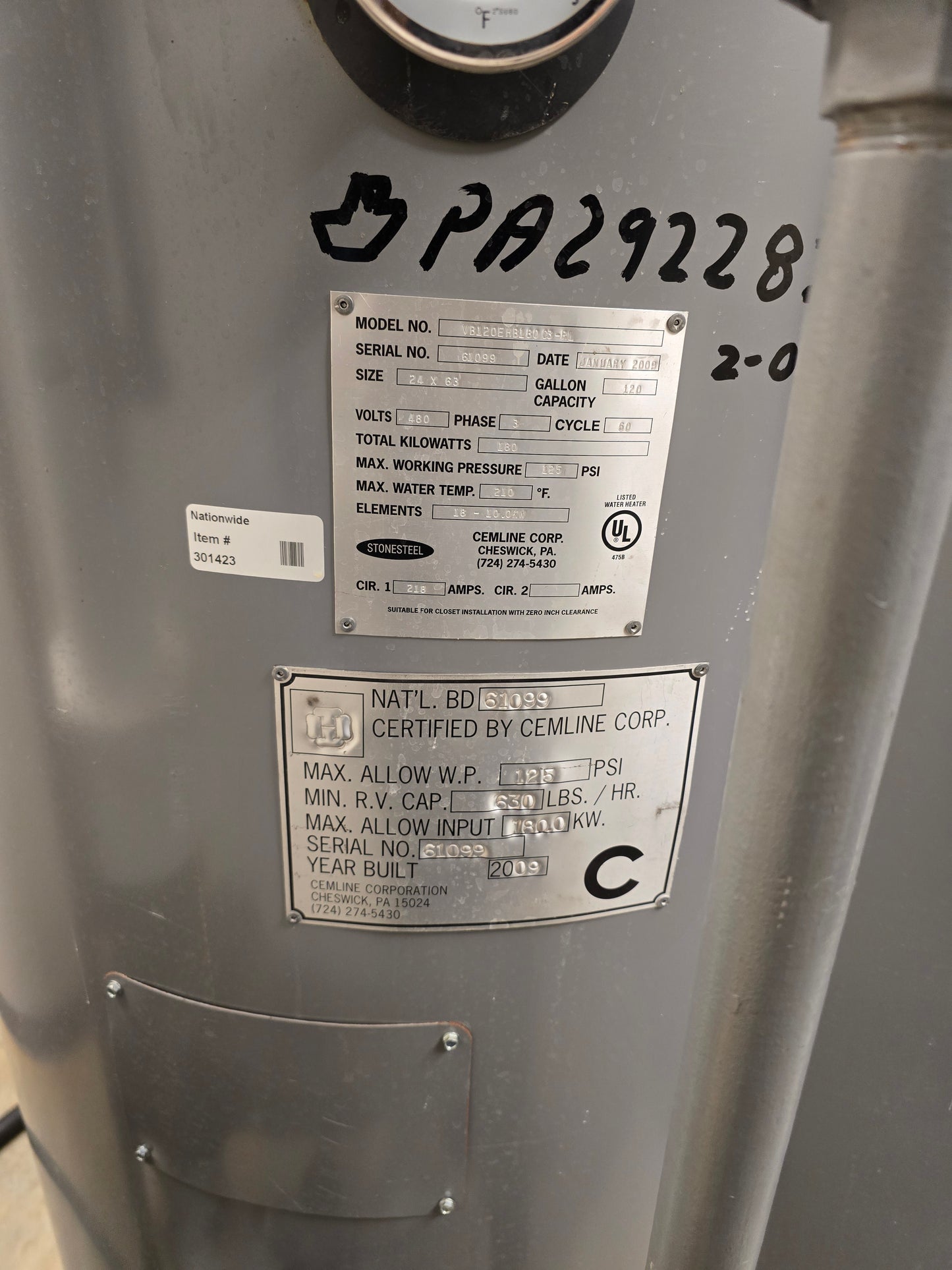 Cemline WB120EHB180 Industrial Electric Hot Water Boiler - 120 Gallon 180kW 480V 3PH