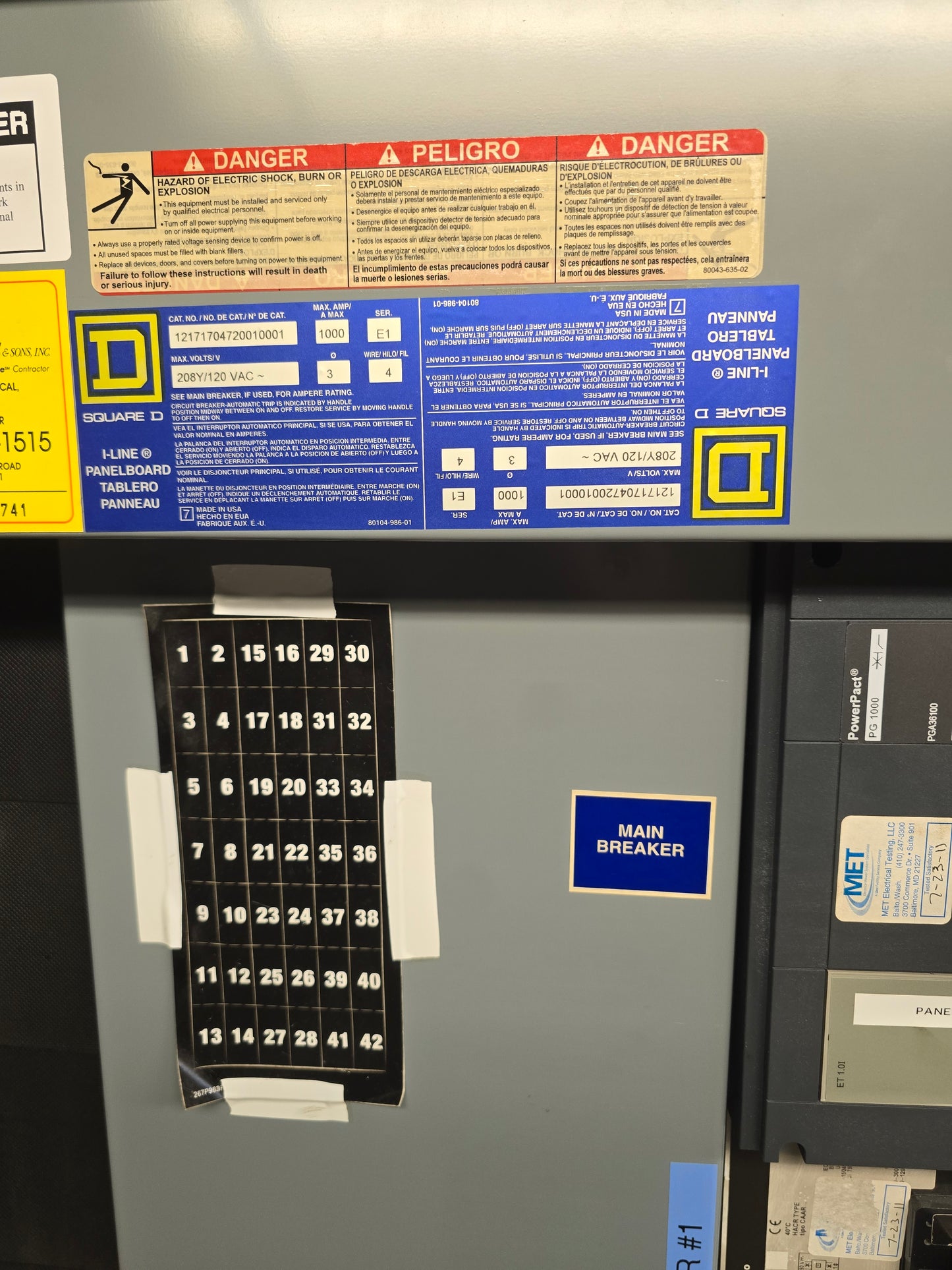 Square D I-Line Panelboard DP#6 1000A 208Y/120V 3-Phase 4-Wire with PowerPact PG 1000 Main Breaker and Sub-Feed Breakers