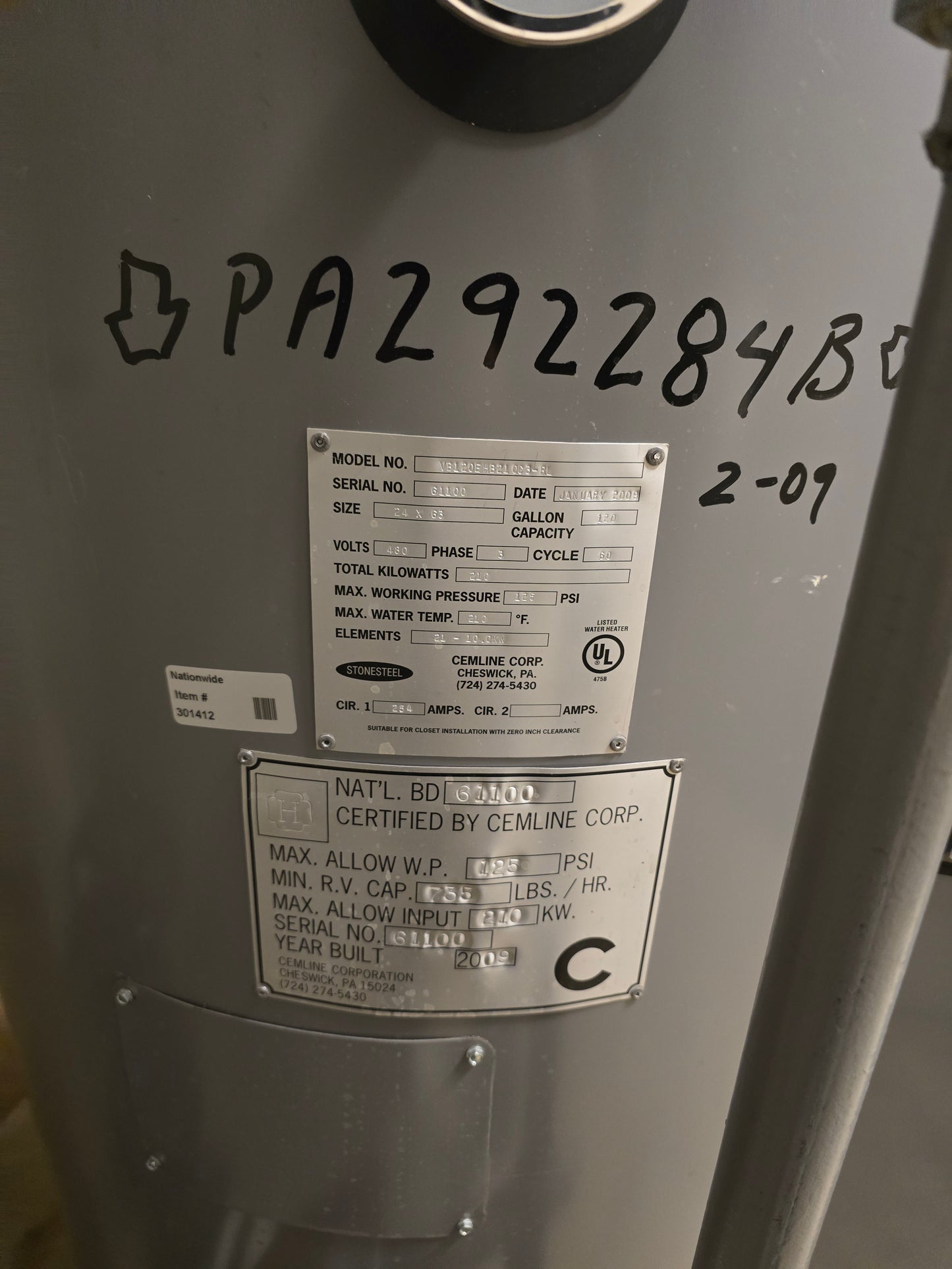 Cemline Stonesteel V500EH150C3-RL 500 Gallon Commercial Electric Water Heater 480V 3-Phase 150kW ASME