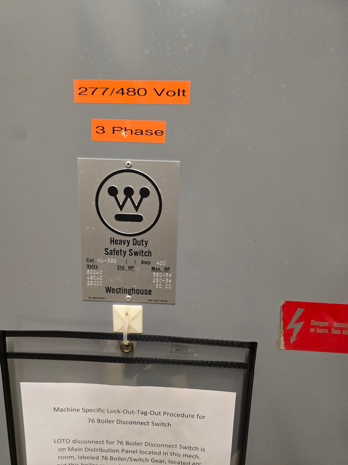 Westinghouse HU-365 Heavy Duty Safety Switch 400 Amp 600VAC 3-Pole Non-Fusible Disconnect