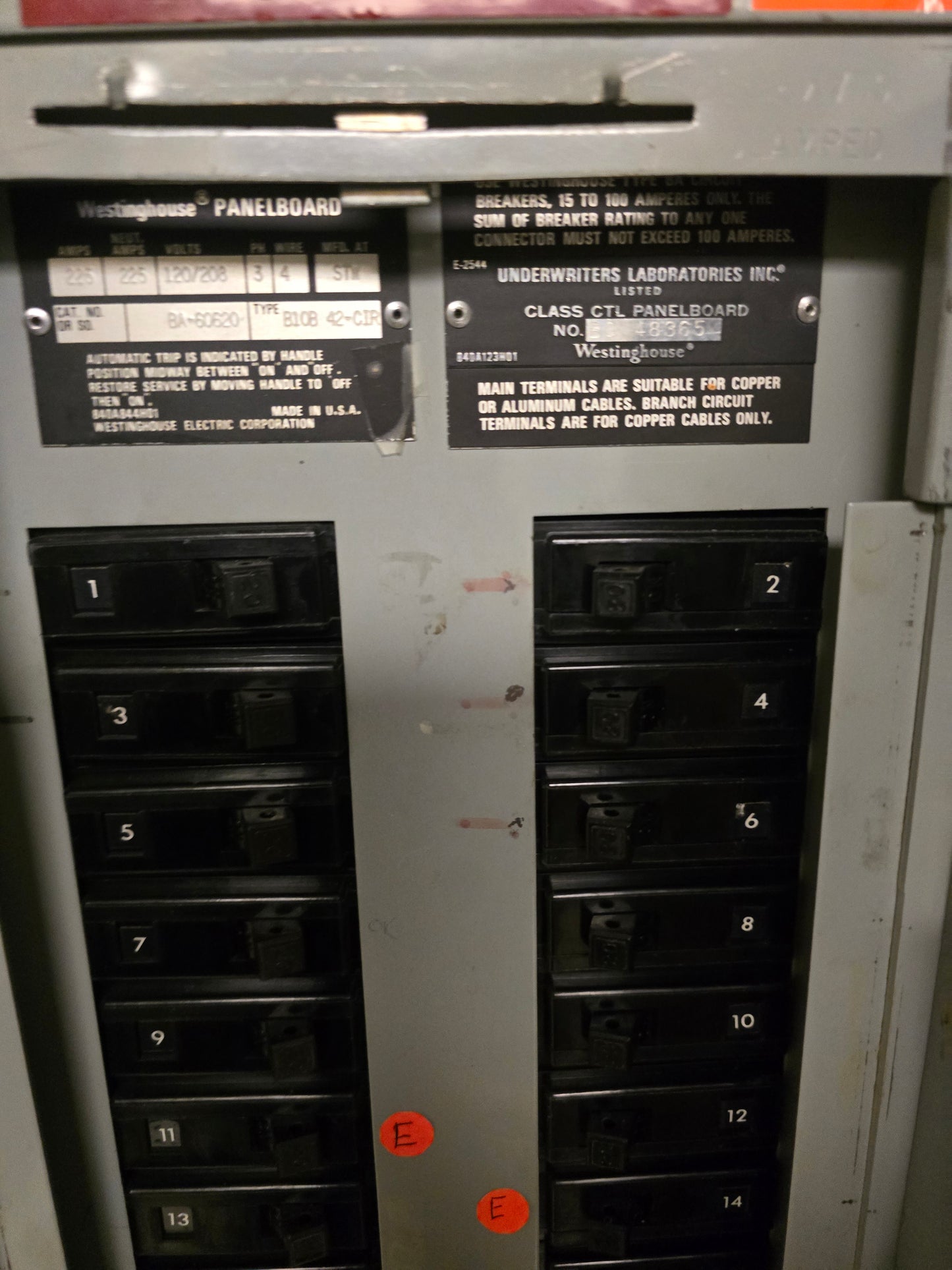 Westinghouse Type BA Panelboard 225A 120/208V 3-Phase 4-Wire 42-Circuit B10B with Type BA Breakers