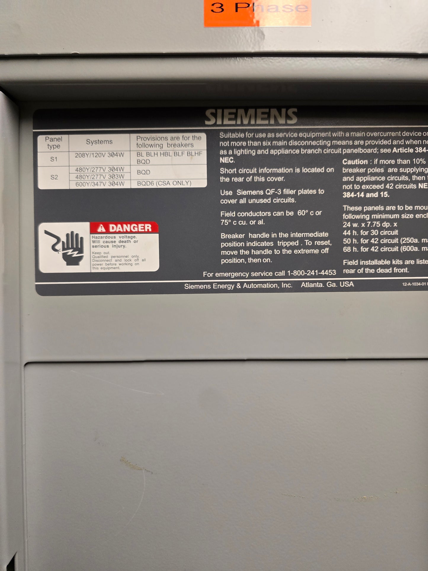 Siemens P1X42MC400C S1 Panelboard 400A 120/208V 3-Phase 42-Circuit with 225A Subfeed Breaker