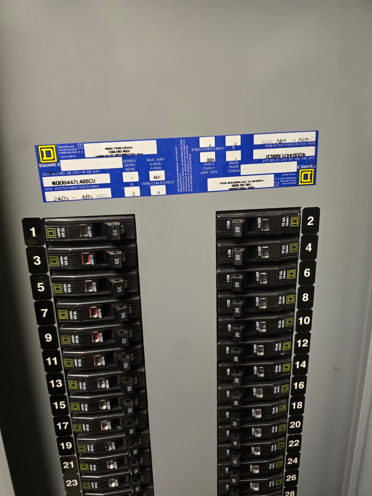 Square D NQOD442L400CU Panelboard 400A 120/208V 3-Phase 4-Wire 42-Circuit Copper Bus