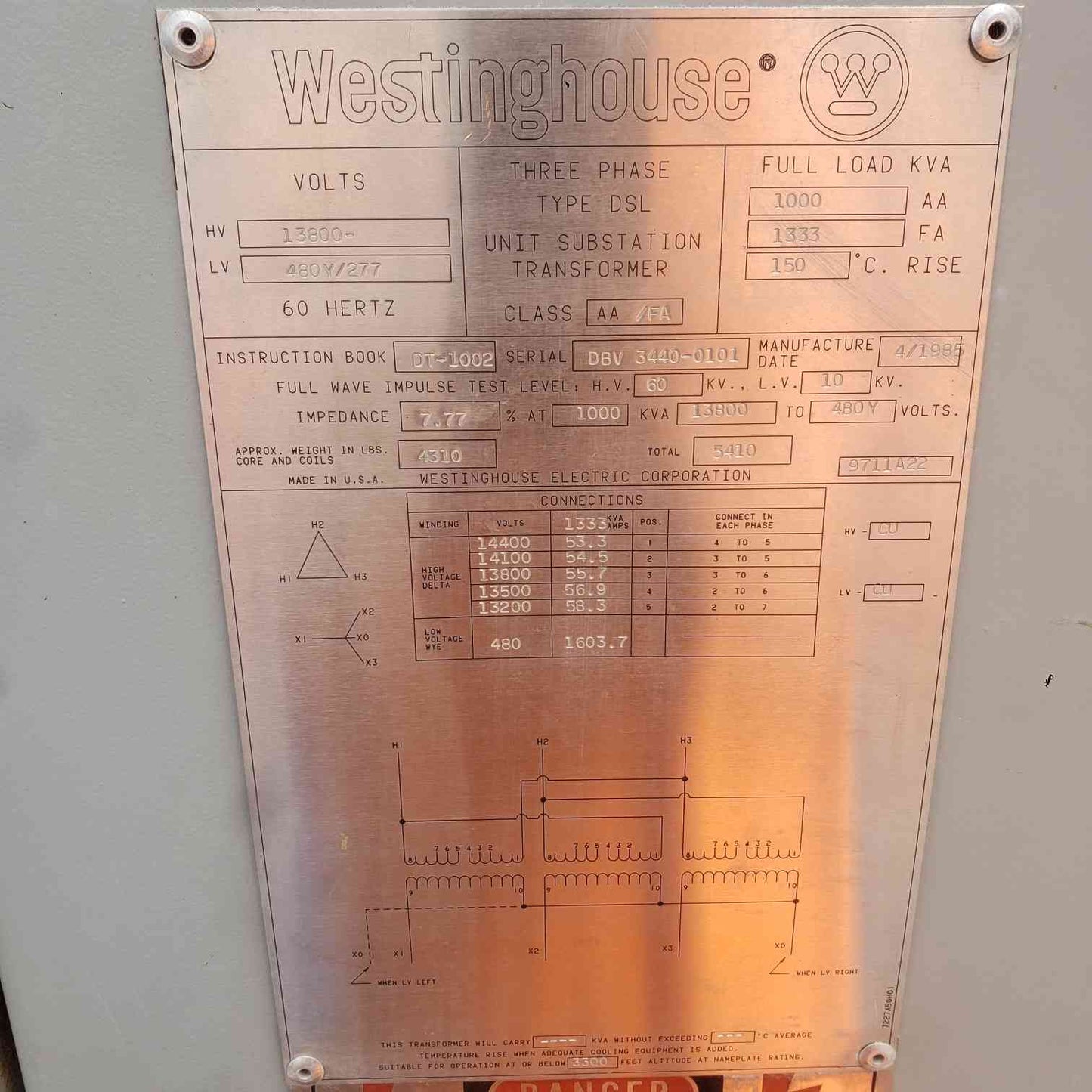 Westinghouse 1000 kVA Substation Transformer 13.8kV to 480V 2000A Switchboard Panel