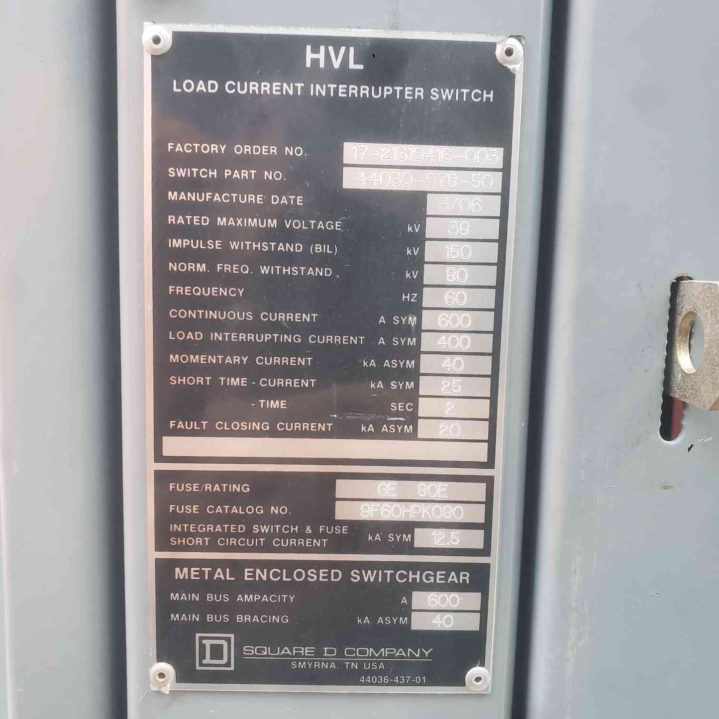 Square D HVL 38kV 600A Load Interrupter Switchgear 600 Amp Medium Voltage