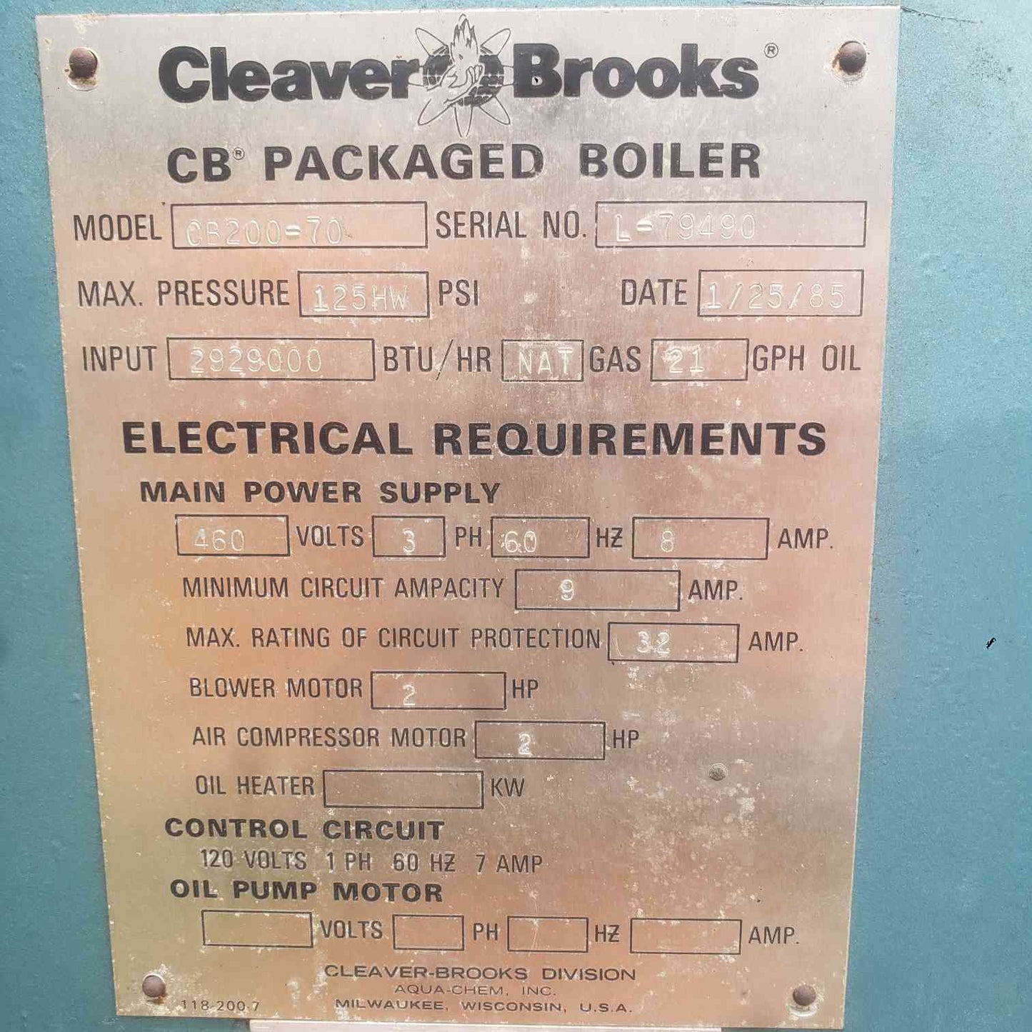 Cleaver Brooks CB200-70 70 HP Packaged Boiler 125 PSI Dual Fuel Gas Oil