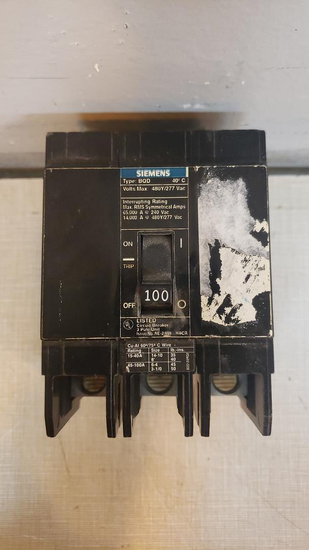 Siemens BQD3100 100A 3-Pole 480V Bolt-On Industrial Breaker BQD 3PH 100 Amp (S6LLST9236)