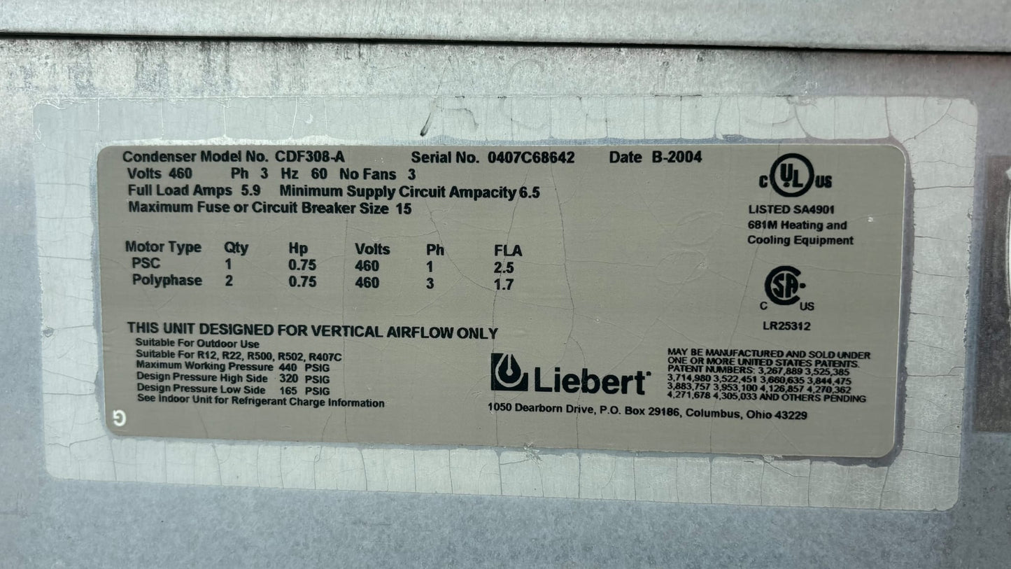 Liebert CDF308-A Outdoor Air Cooled Condenser 3-Fan 460V 3PH Data Center