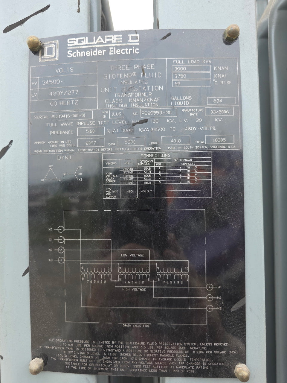 Square D 3750 KVA Unit Substation Transformer - 34500V to 480Y/277V - Oil Filled - 2006