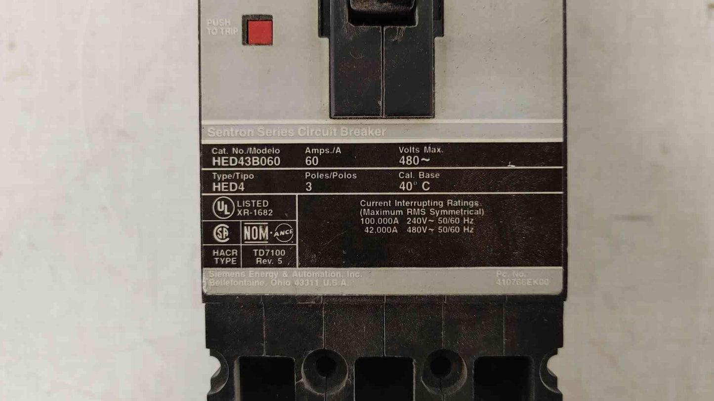 Siemens 60A 3 Pole Circuit Breaker 480VAC HED43B060(104798)