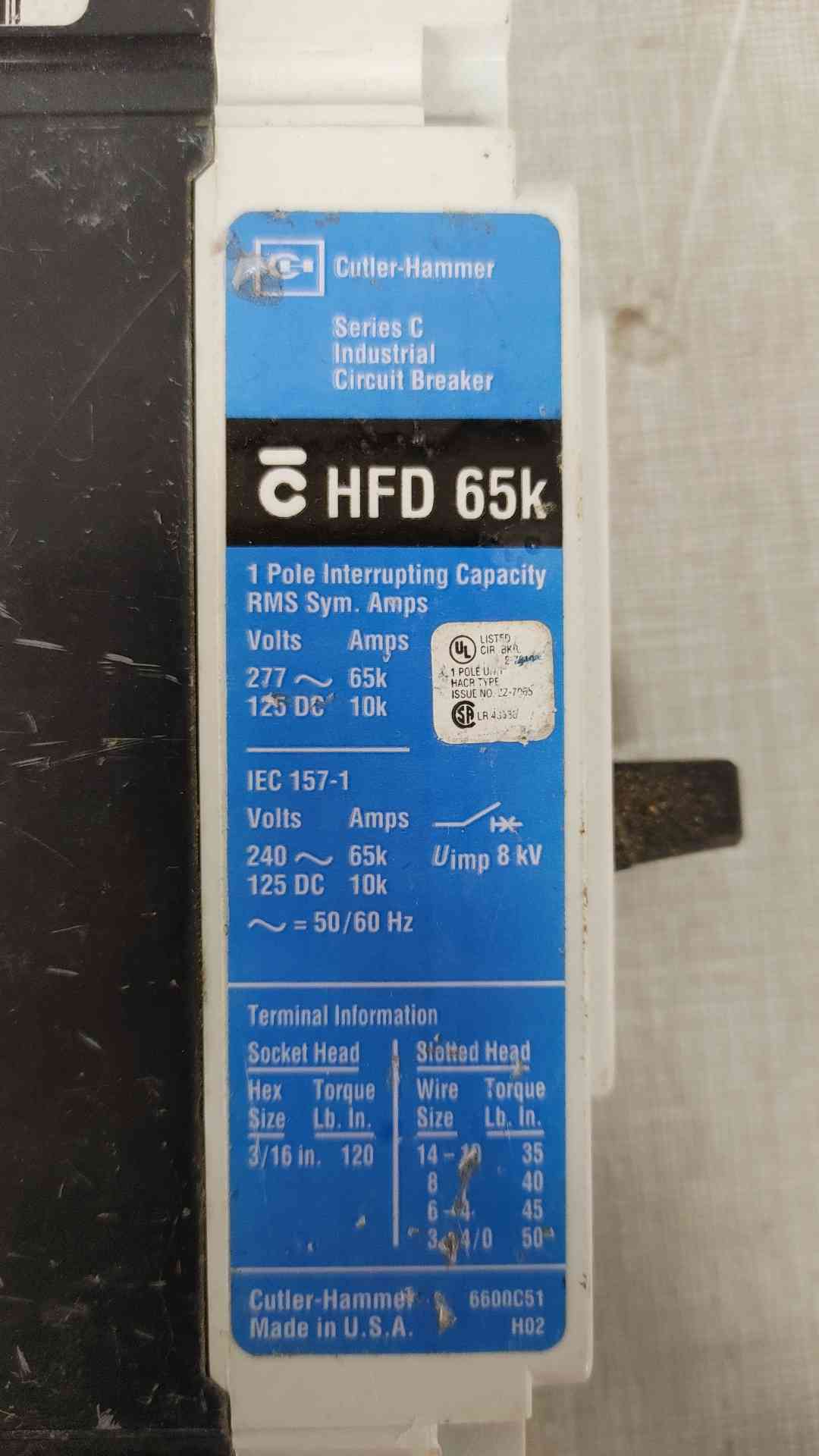 Cutler-Hammer 20A 1 Pole Series C Industrial Circuit Breaker 277VAC 125VDC HFD1020(104799)