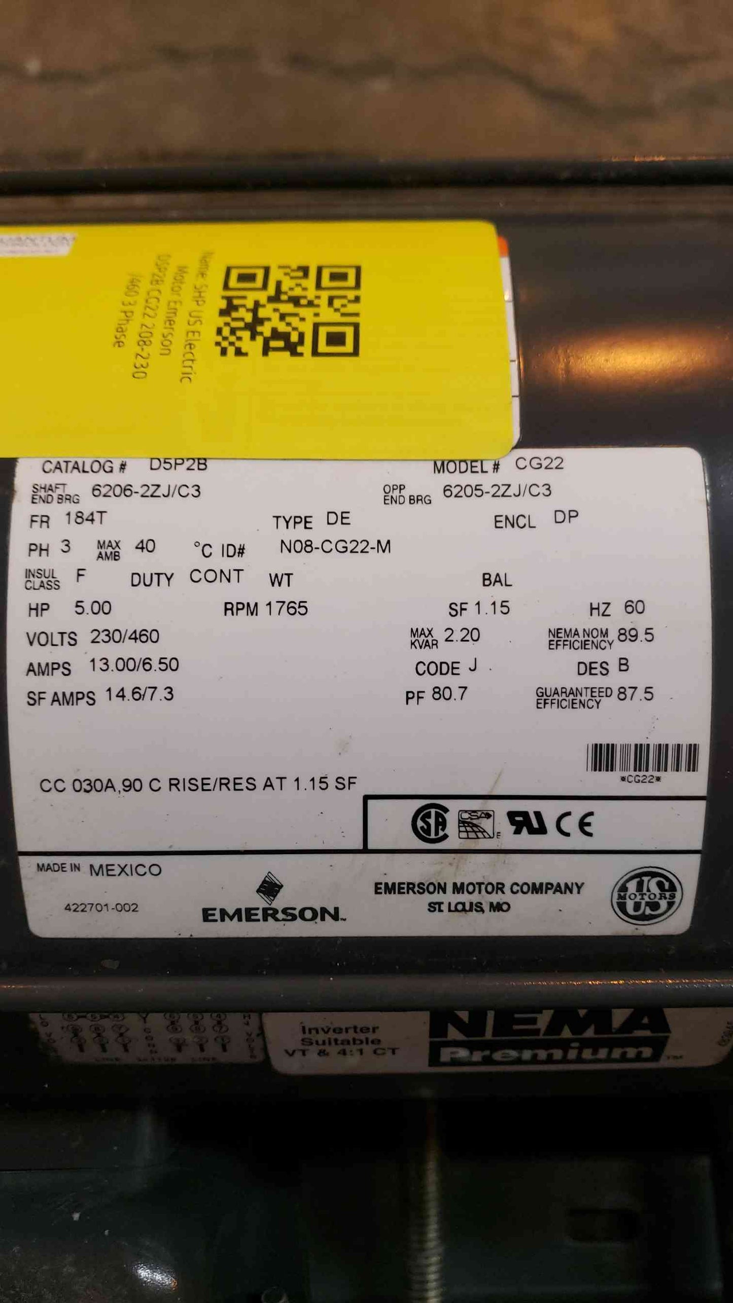 5HP US Electric Motor Emerson D5P2B CG22 208-230/460 3 Phase