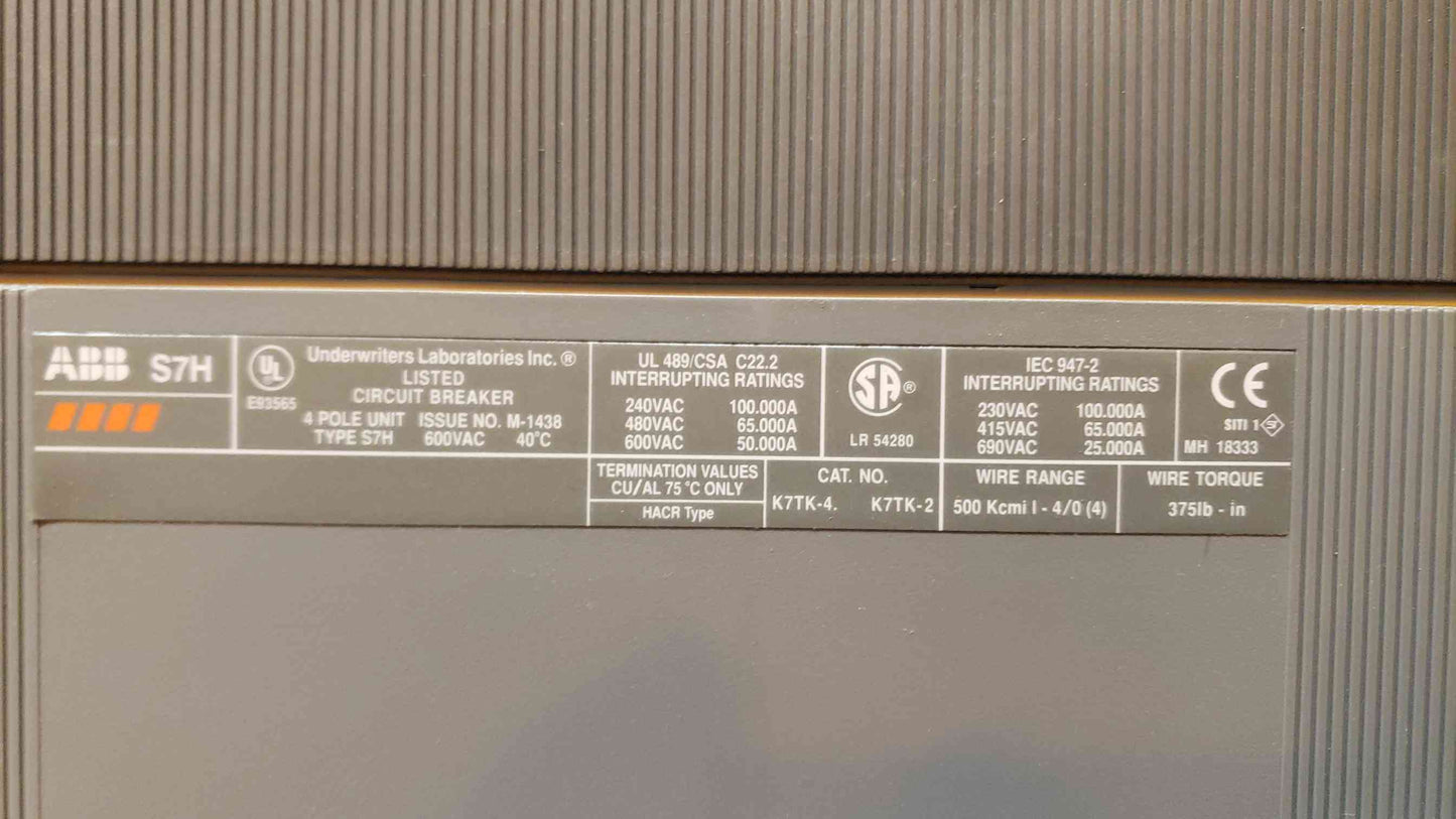 1000A K7TK ABB SACE S7 4 Pole 600VAC S7H (SKU: 107207)