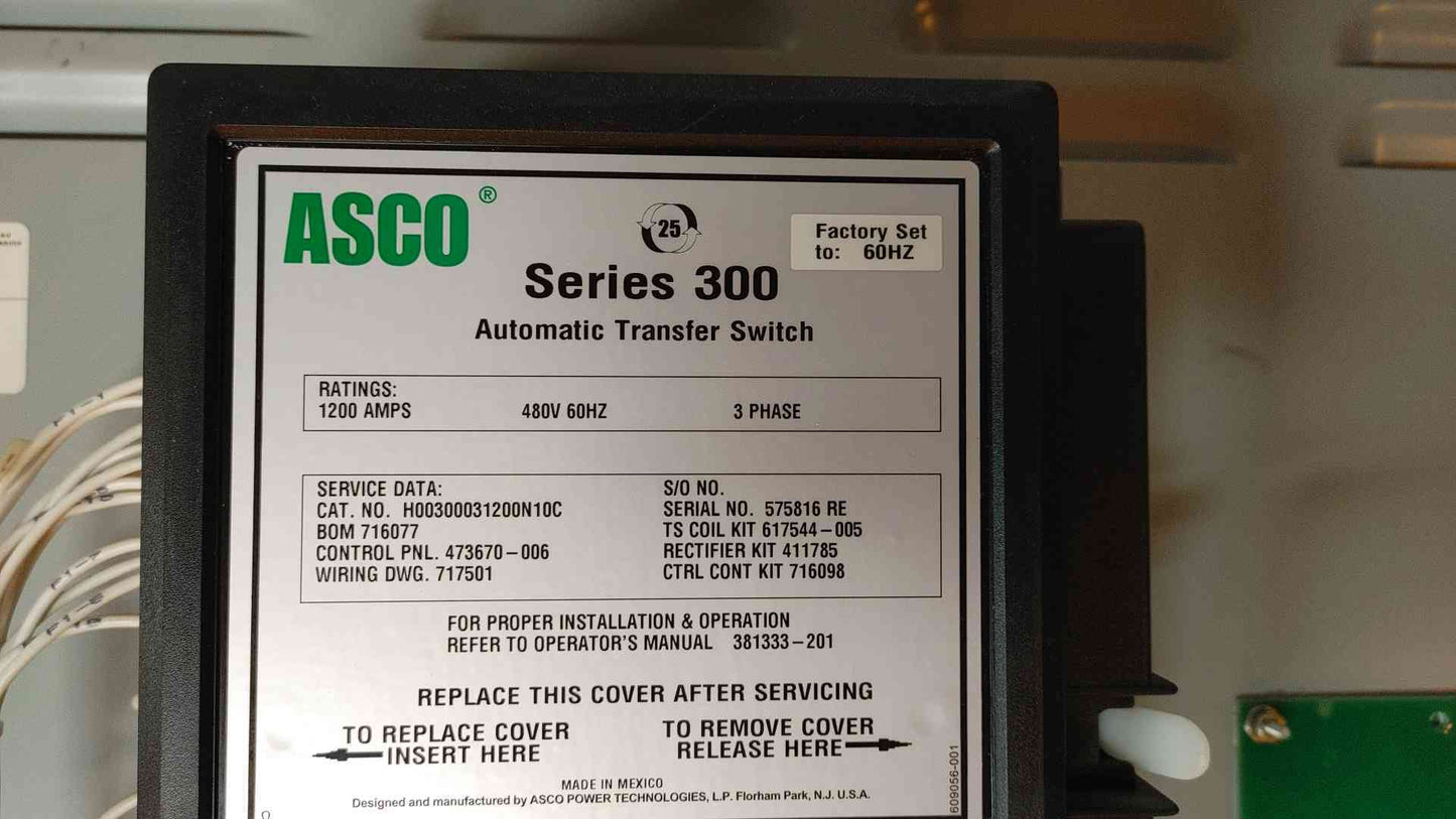 ASCO Series 300 ATS 1200A 480V 3PH H00300031200N10C Transfer Switch