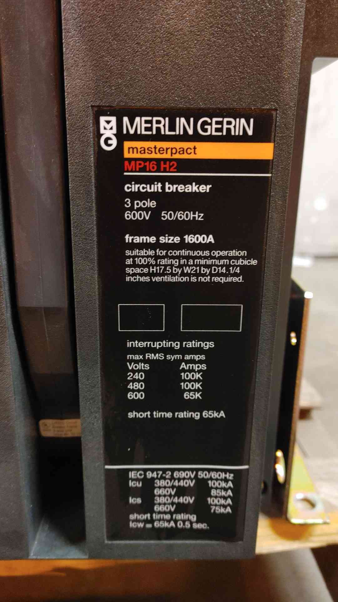 Merlin Gerin Masterpact 1600A 3 Pole 600V Breaker MP16 H2 (SKU: 107604)