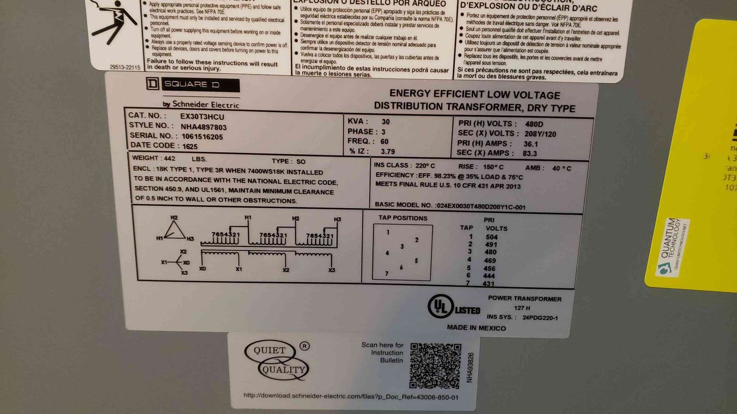 Square D 30KVA 480v x 208Y/120 Dry Transformer EX30T3HCU (SKU: 107704)