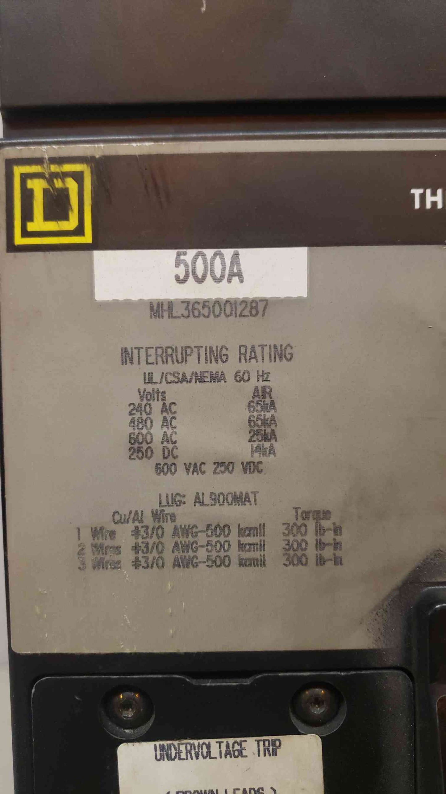 Square D 500A 3 Pole Circuit Breaker MHL365001287 (SKU: 107855)