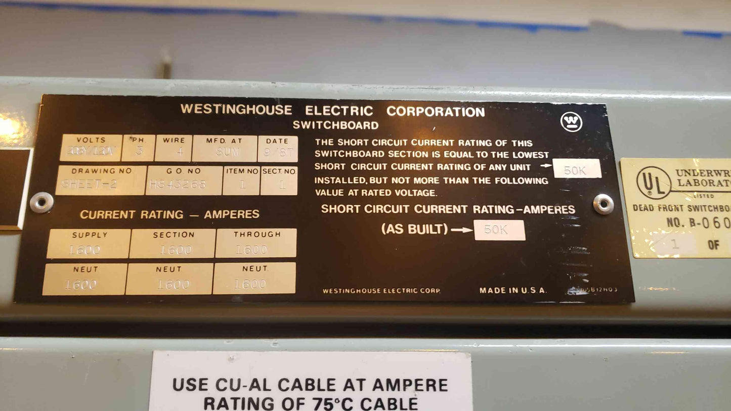 Westinghouse 1600A FDP 208Y/120 3PH 4W Switchboard 2 Section 15 Breaker (SKU: 107899)