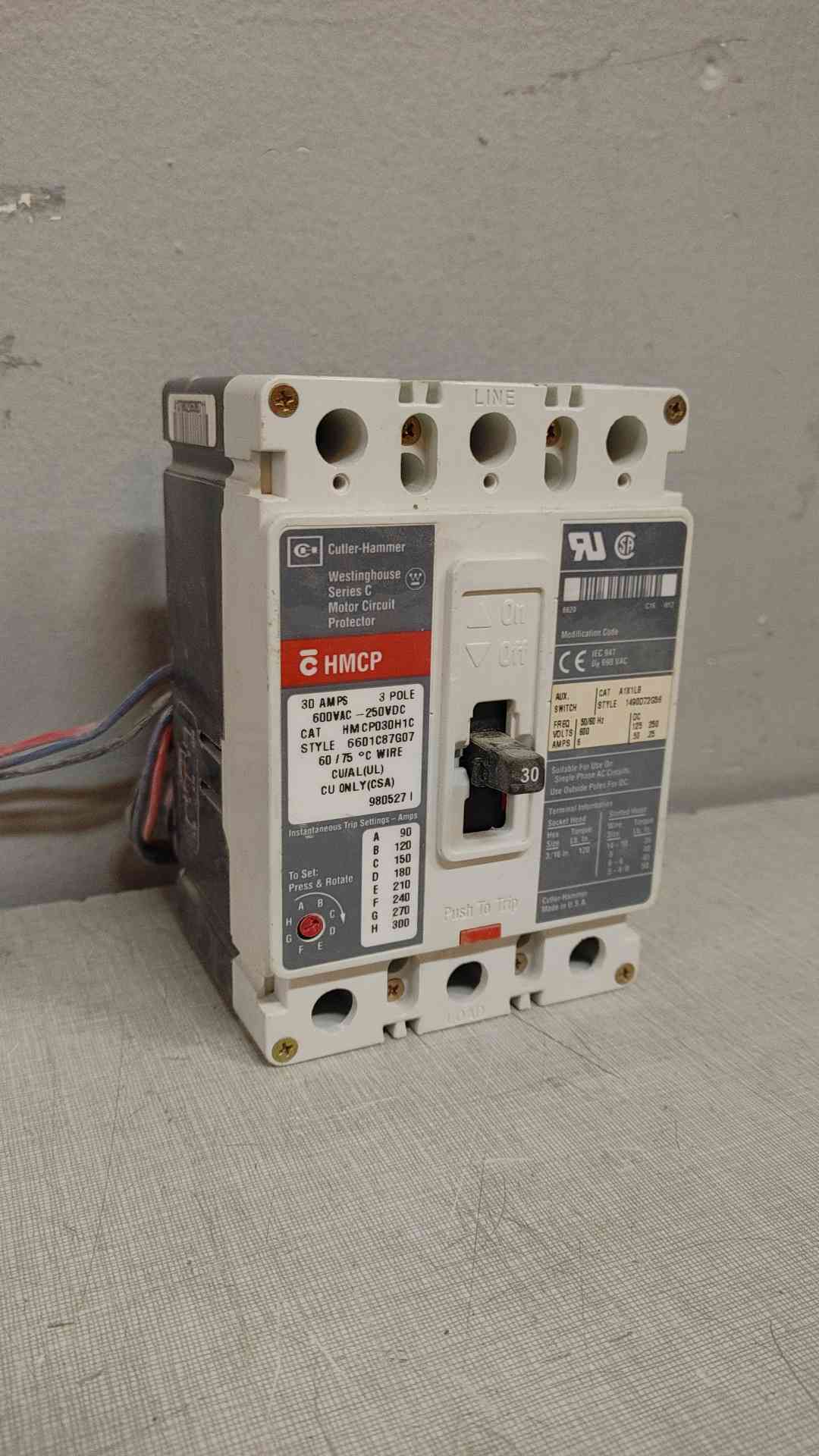 Westinghouse Series C Motor Circuit Breaker 30A 600VAC 250VDC HMCP030H1C