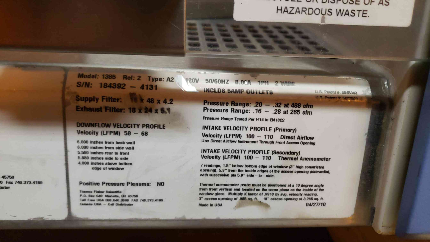 Thermo Scientific 1300 Series A2 Biosafety Cabinet 4' BSC Hood 1385 w/ Stand