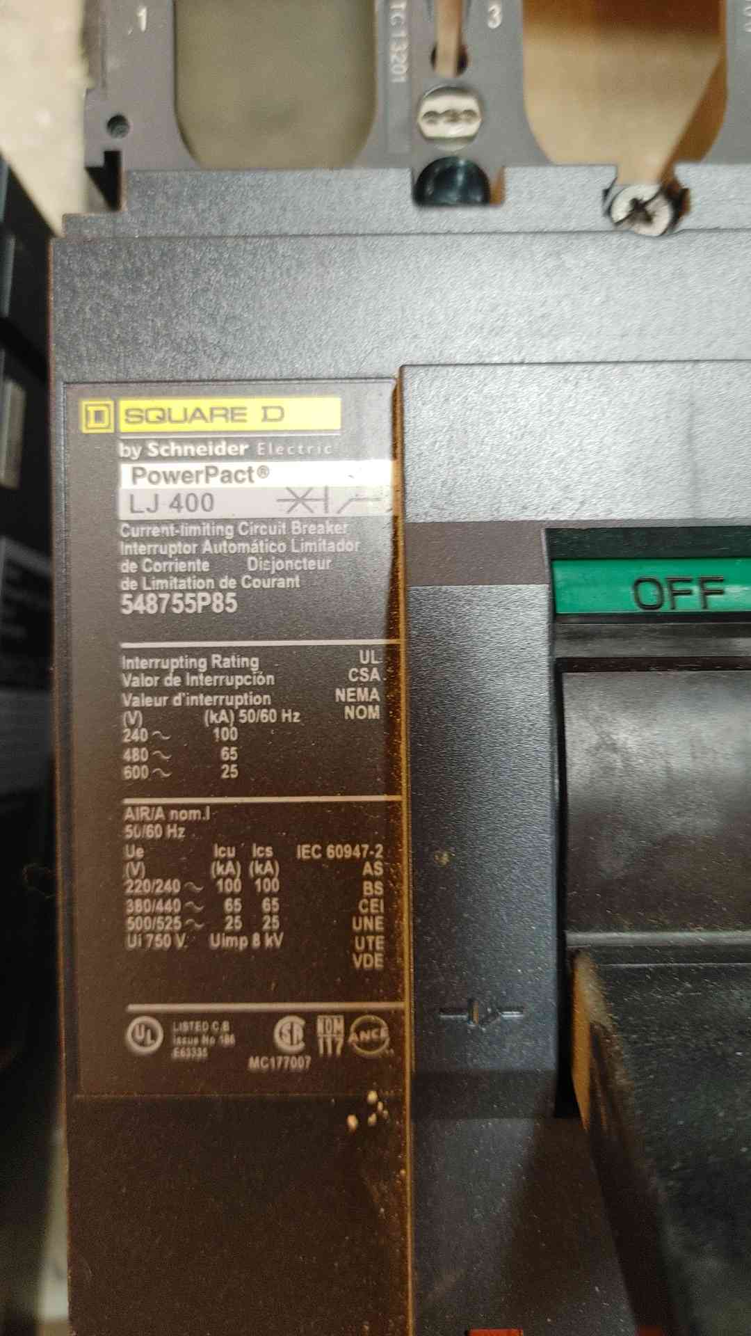 Square D PowerPact 3 Pole Circuit Breaker 400A LJ400