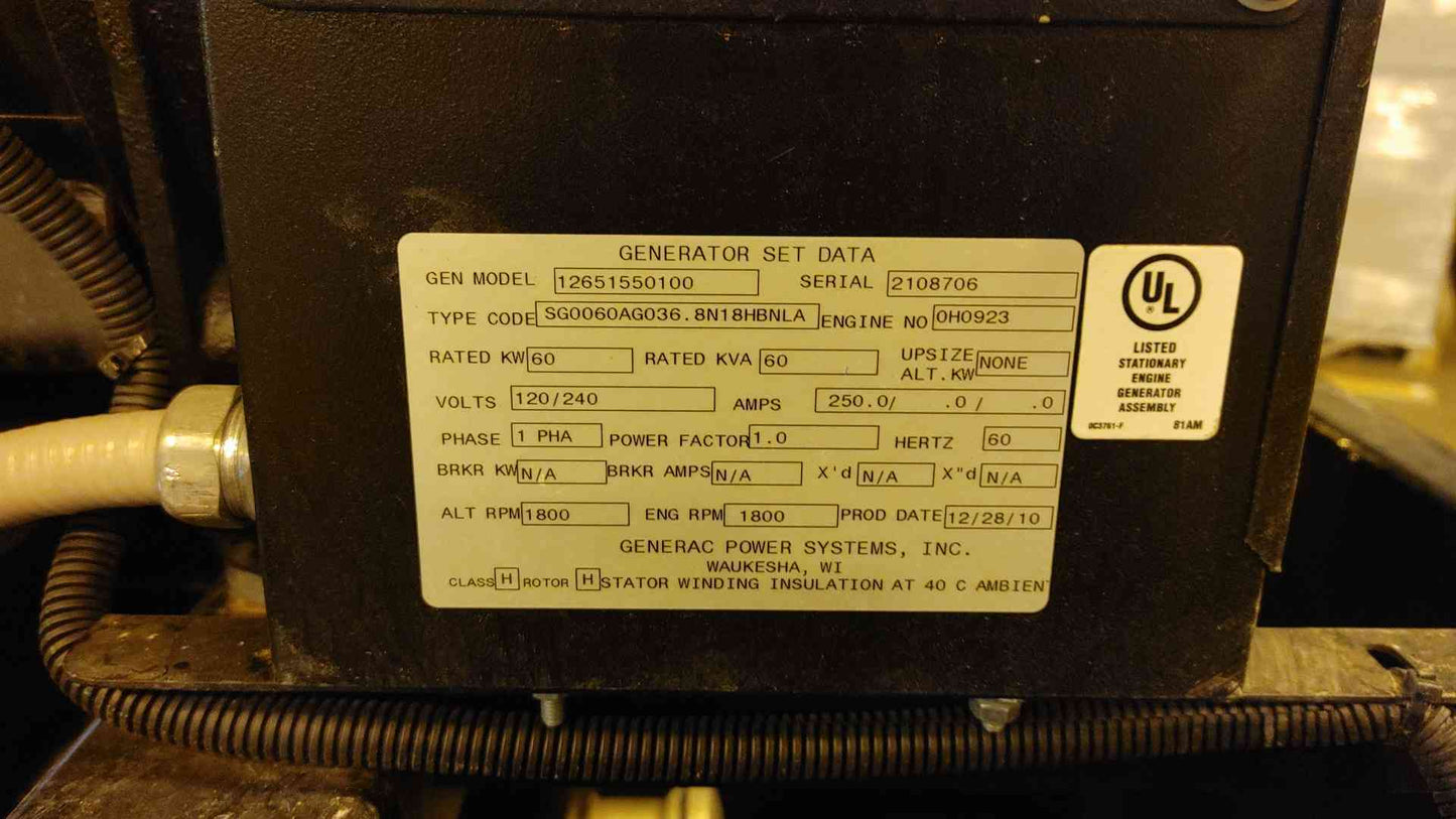 60KW Generac Generator 1PH 2Hrs! Nat Gas Propane LOAD TESTED (108318)