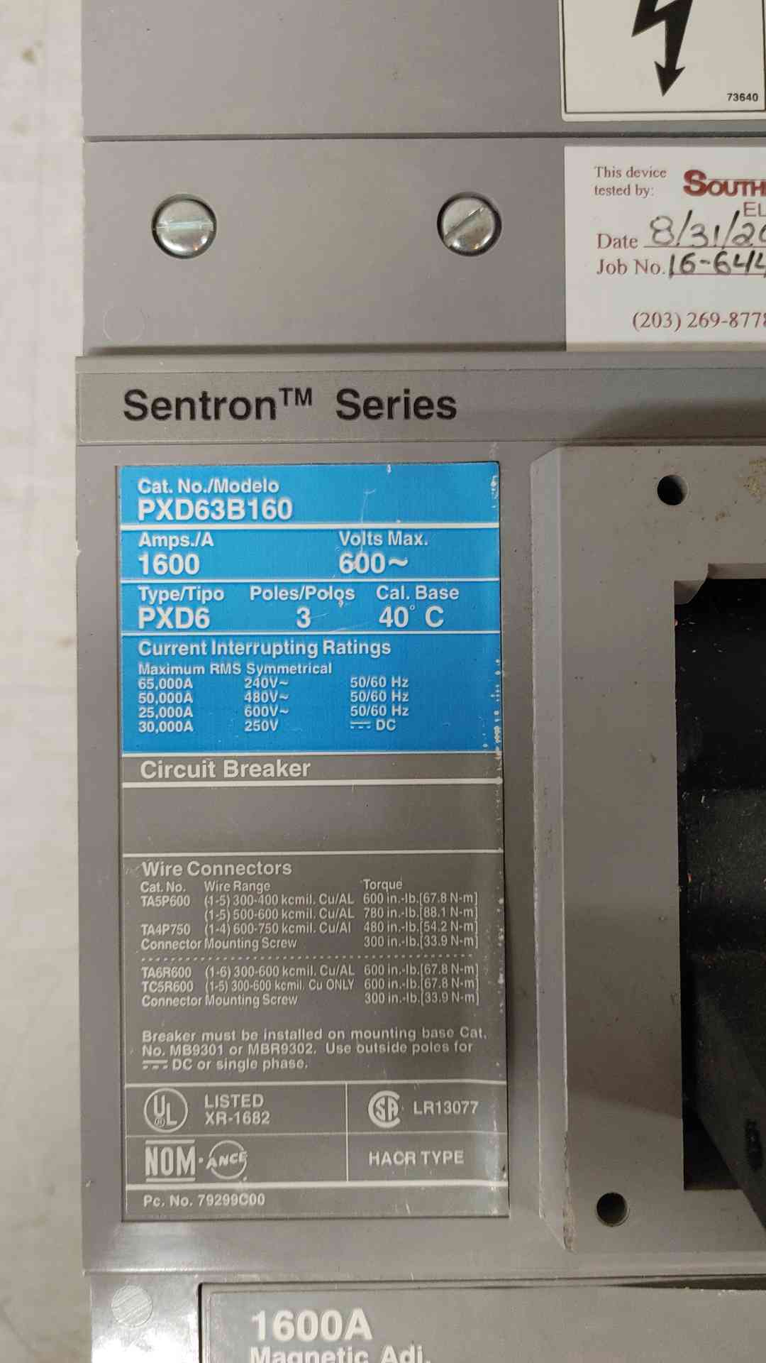 Siemens Sentron Series 3 Pole Circuit Breaker 1600A 600V PXD63B160 (108849)