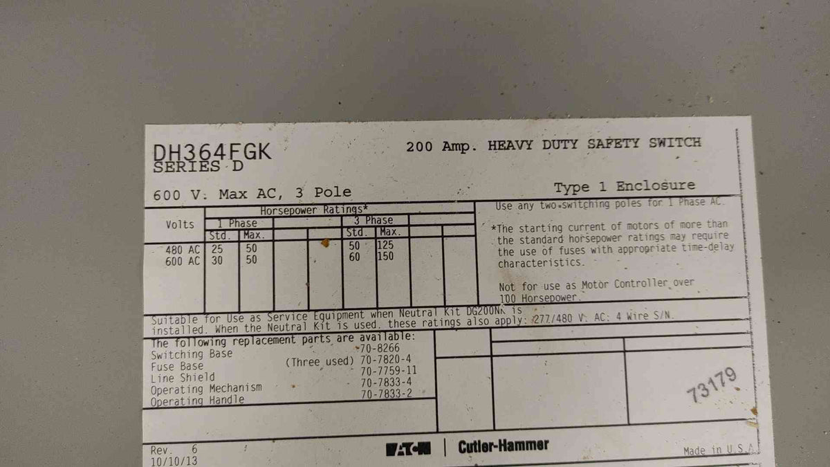 Eaton Cutler-Hammer Heavy Duty Fused Safety Switch 200A 600VAC DH364FGK (108929)