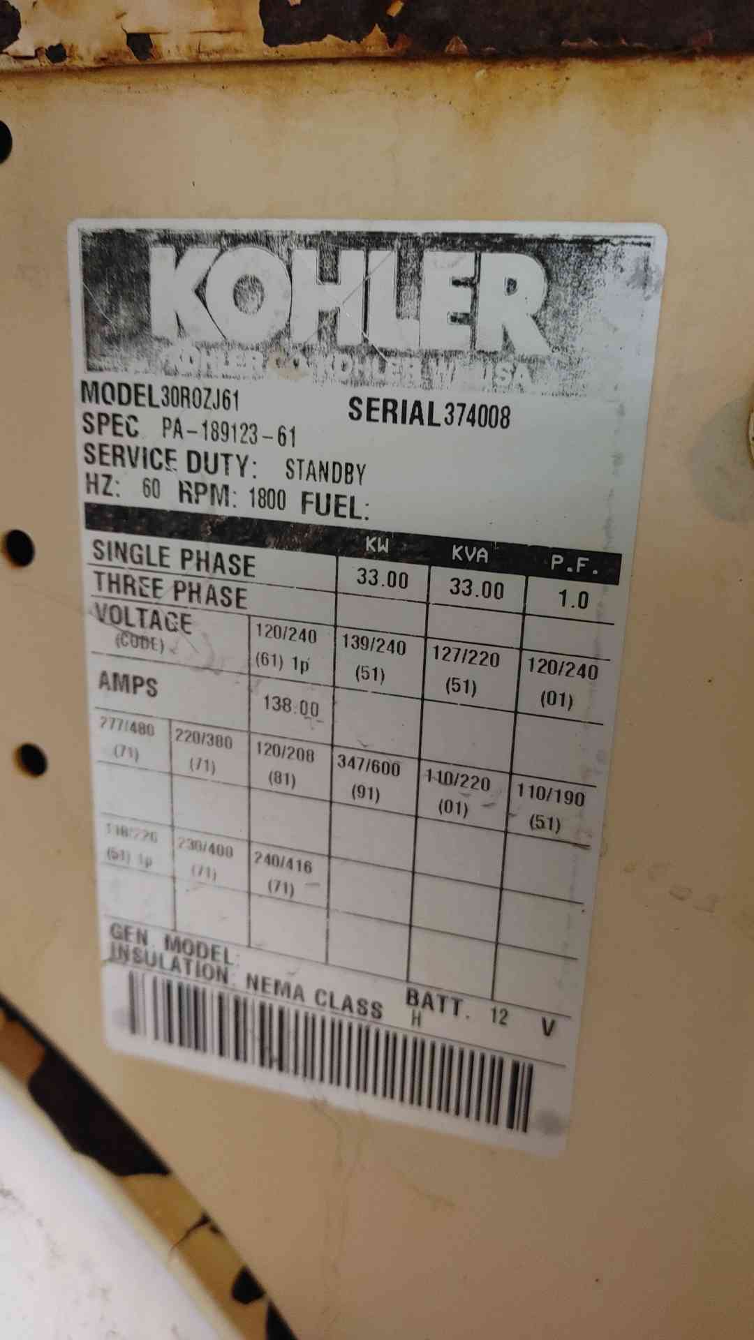 30KW 33KW Kohler Generator 30R0ZJ61 John Deere Diesel 1&3PH 1322Hrs TESTED (109108)