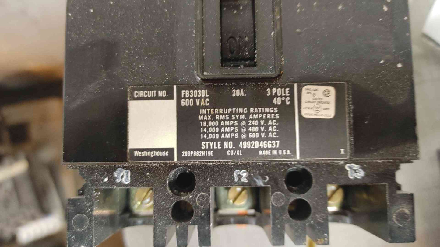 Westinghouse 3 Pole Circuit Breaker 30A 600VAC FB3030L (109392)
