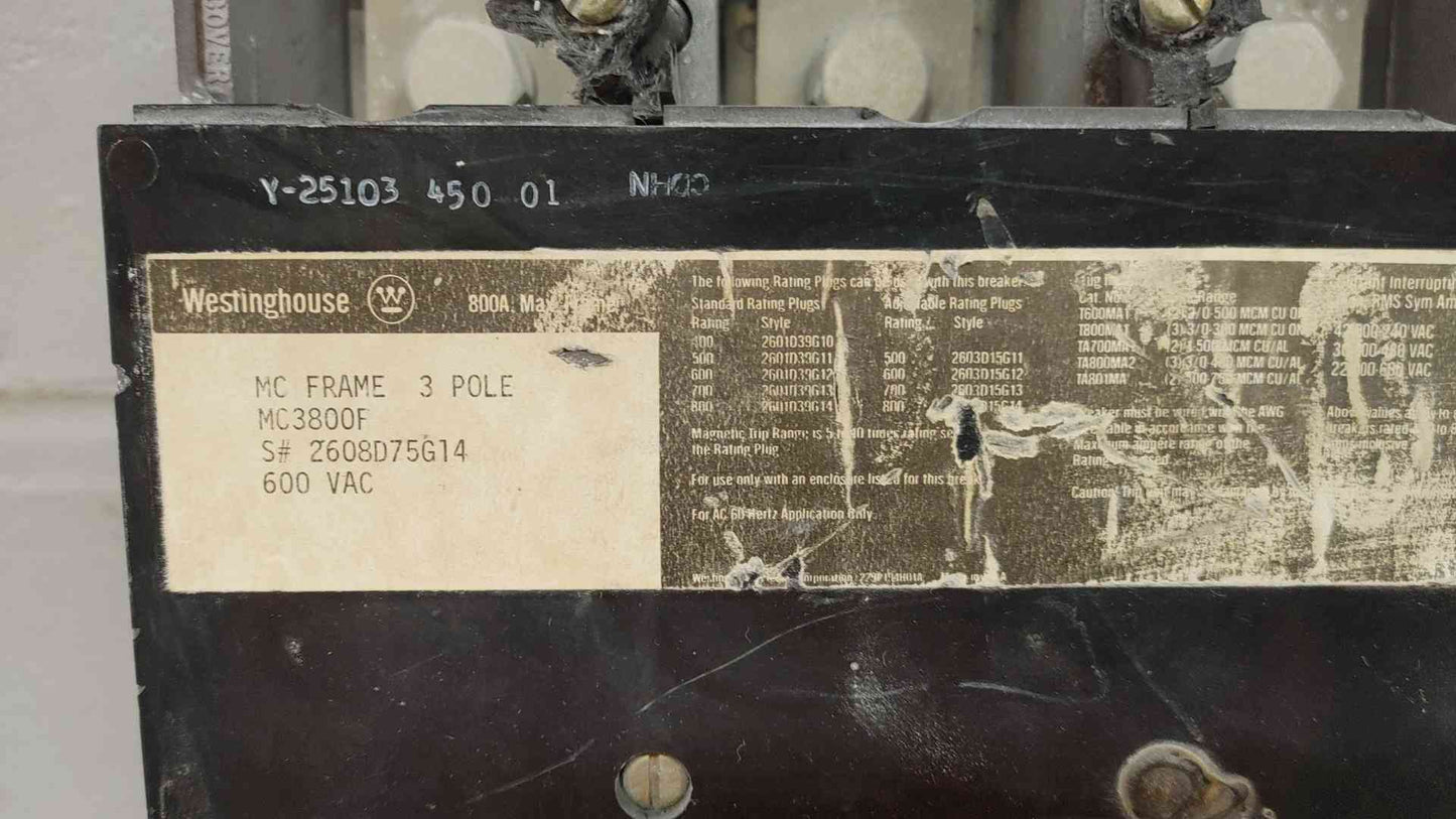 Westinghouse MC3800F 800A 3-Pole 600VAC Circuit Breaker - Built for Reliability
