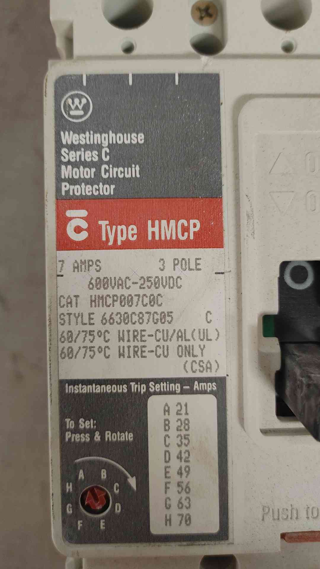 Reliable Westinghouse HMCP007C0C 7-Amp 3-Pole Motor Circuit Protector - Series C