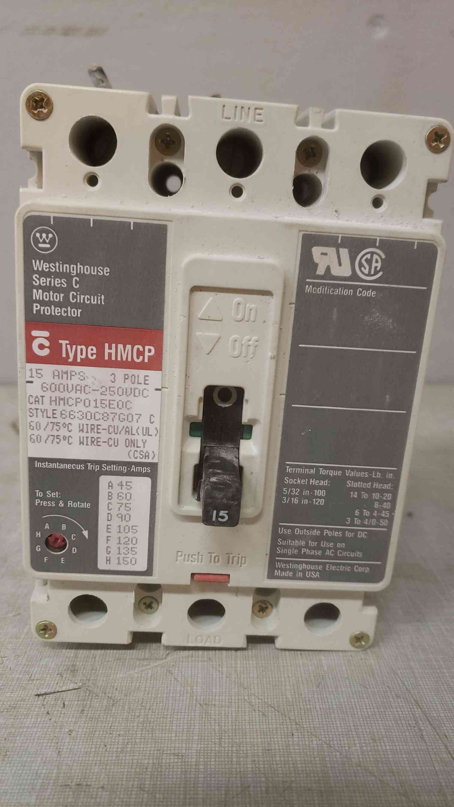 Westinghouse 15A 3 Pole 600VAC-250VDC Breaker HMCP015EOC (SKU: 109588)