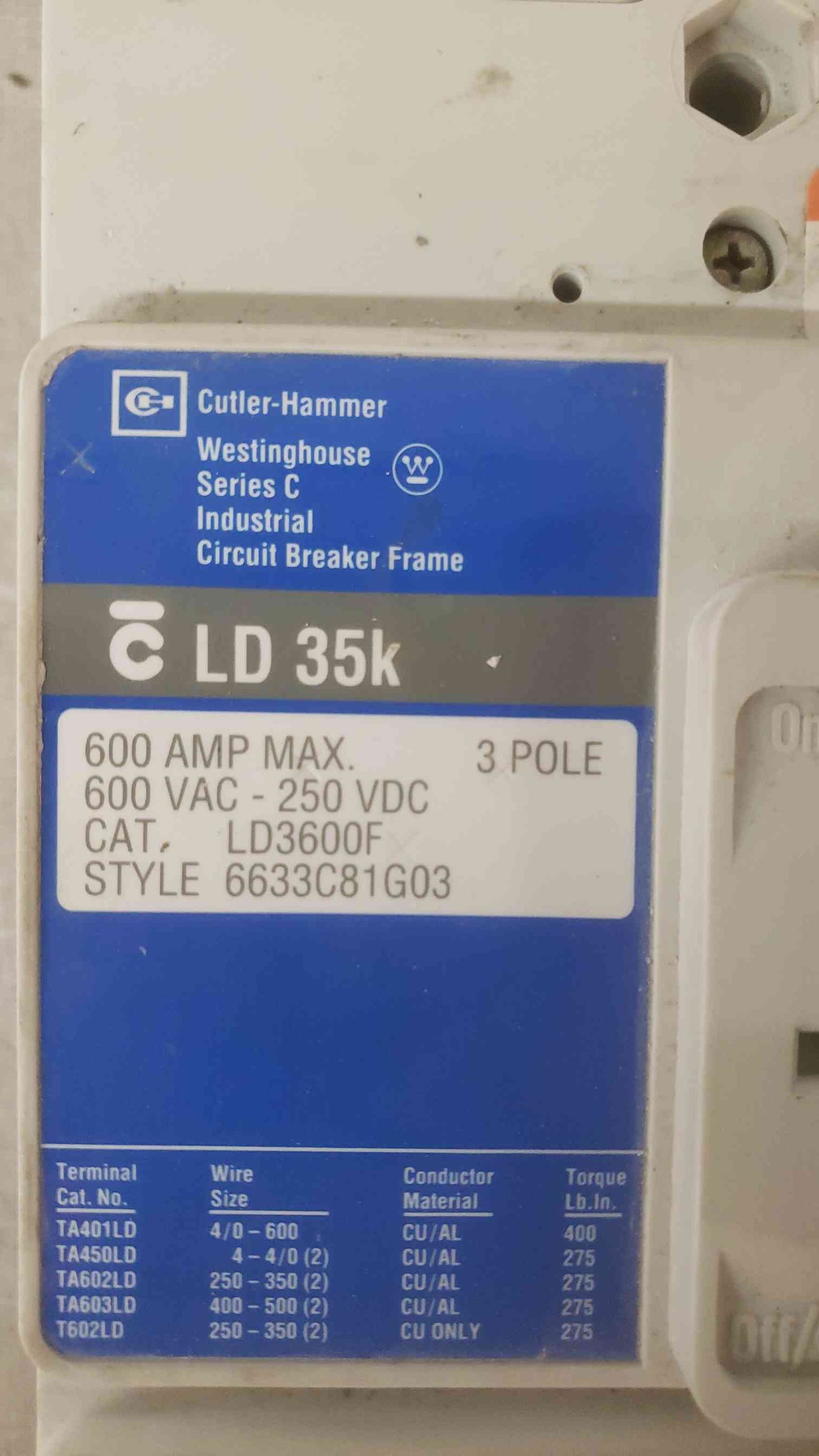 Cutler-Hammer 600A 600VAC-250VDC 3 Pole Breaker LD3600F (SKU: 109589)