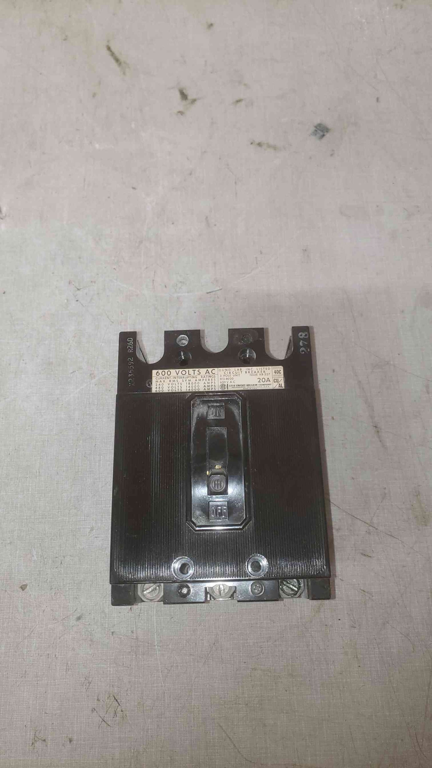 I-T-E 20A 600VAC 3 Pole Breaker EF3-B020 (SKU: 109600)