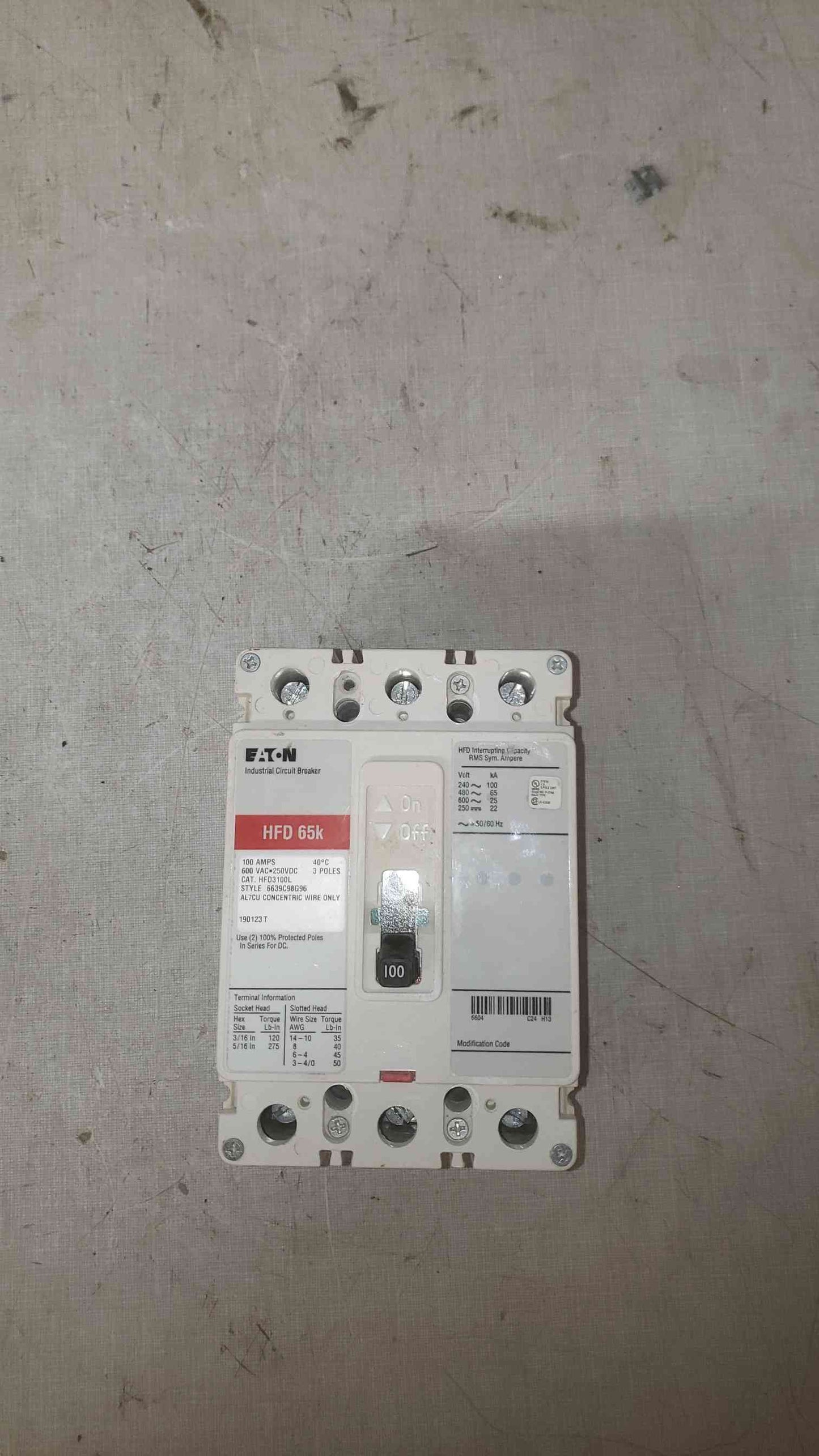 Cutler-Hammer 100A 600VAC-250VDC 3 Pole Breaker HFD3100L (SKU: 109607)