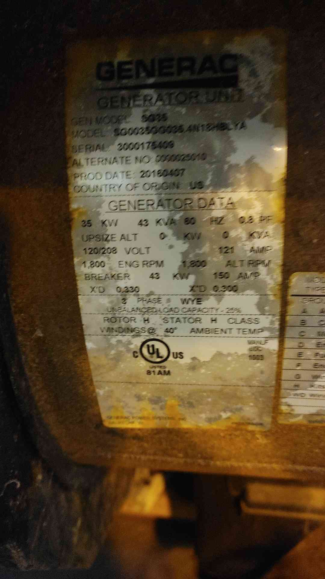 AS IS - 35KW Generac Generator Nat Gas LP SG35 3PH 85Hrs '16 Rusted (109810)