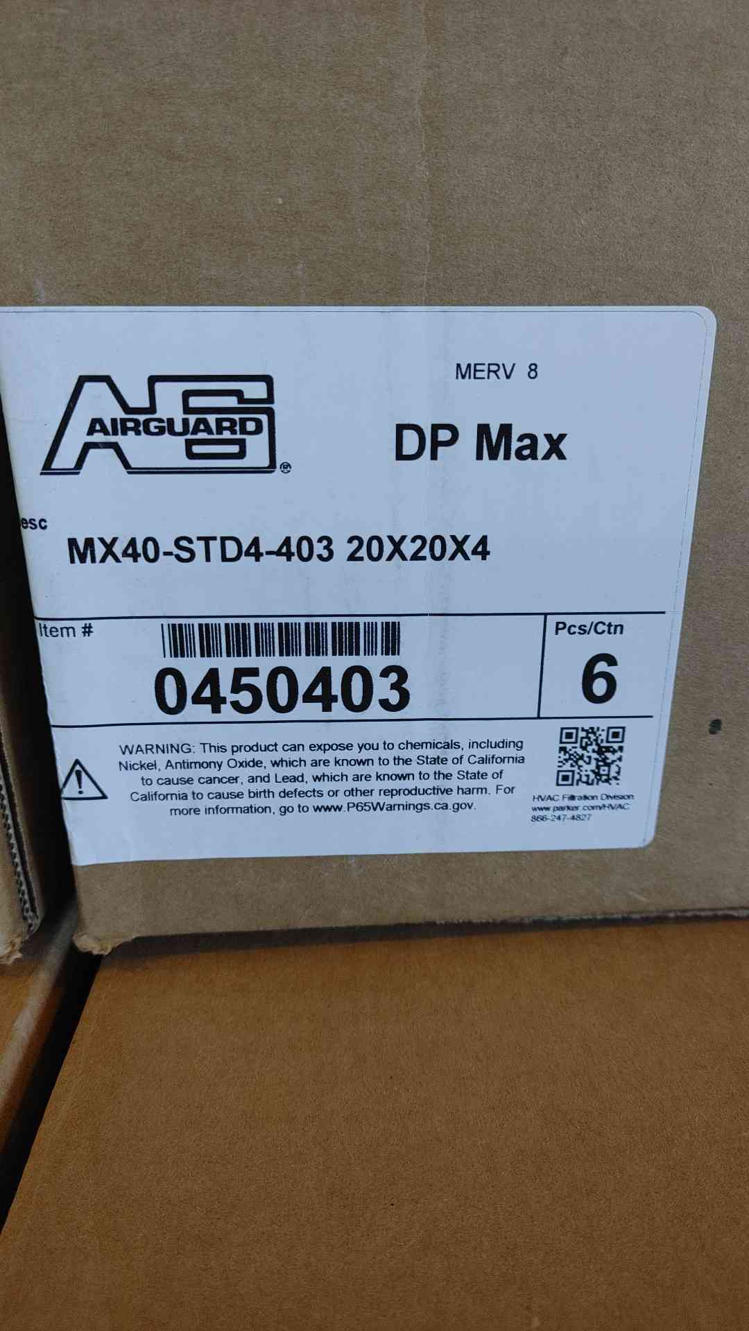 New Box of 6 Air Guard DP Max 20Ã—20Ã—4 MERV 8 Air Filter 0450403(SKU: 109885)
