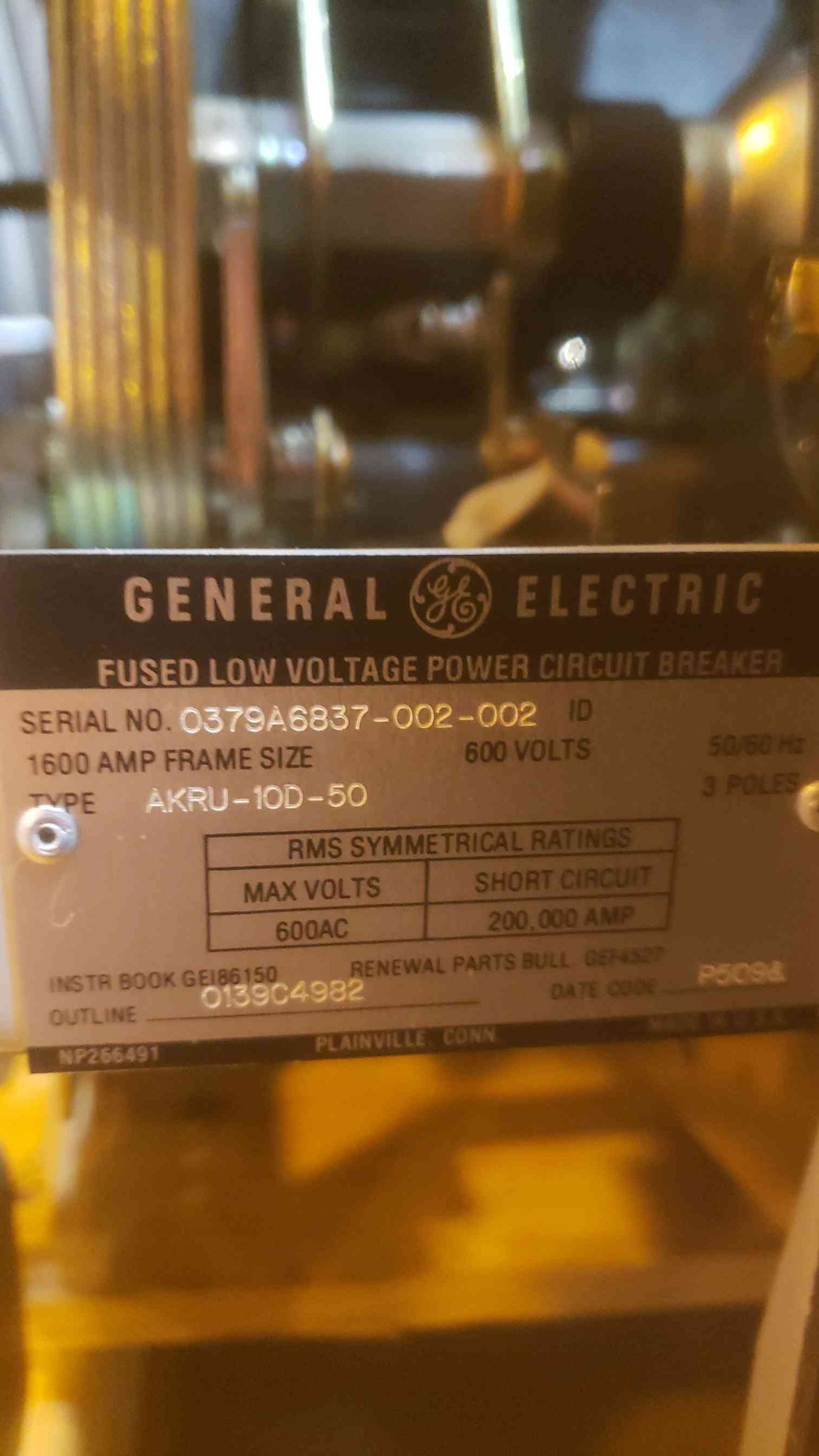 GE Fused Low Voltage Breaker 1600A Frame Size 600V AKRU-10D-50 (SKU: 109943)
