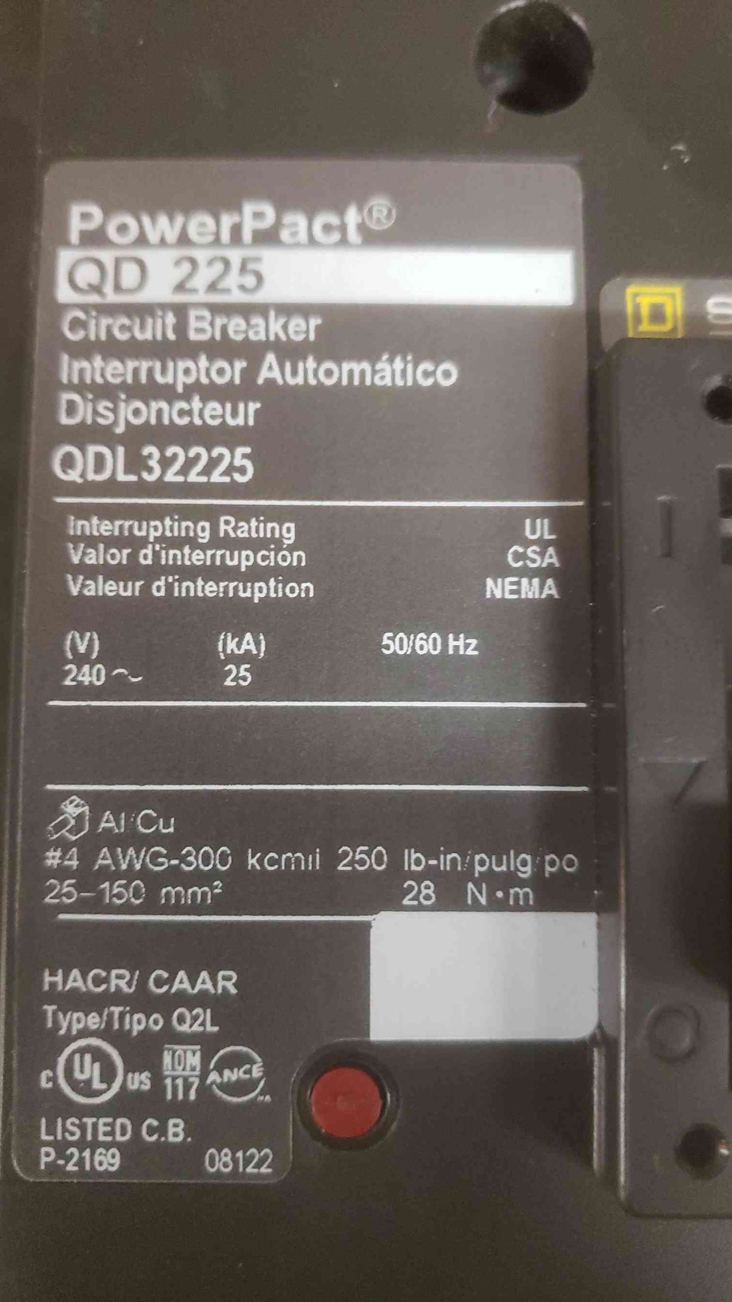 Square D 225A 3 Pole Breaker QDL32225 (SKU: 110096)